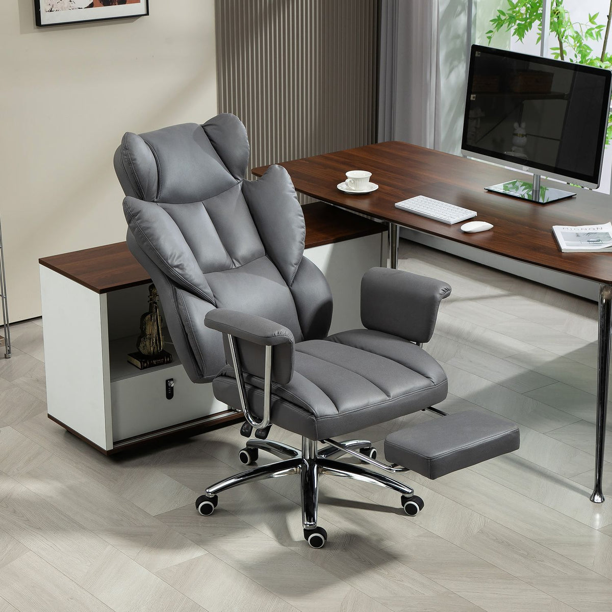Chaise de bureau ergonomique allongée avec repose-pieds, gris foncé