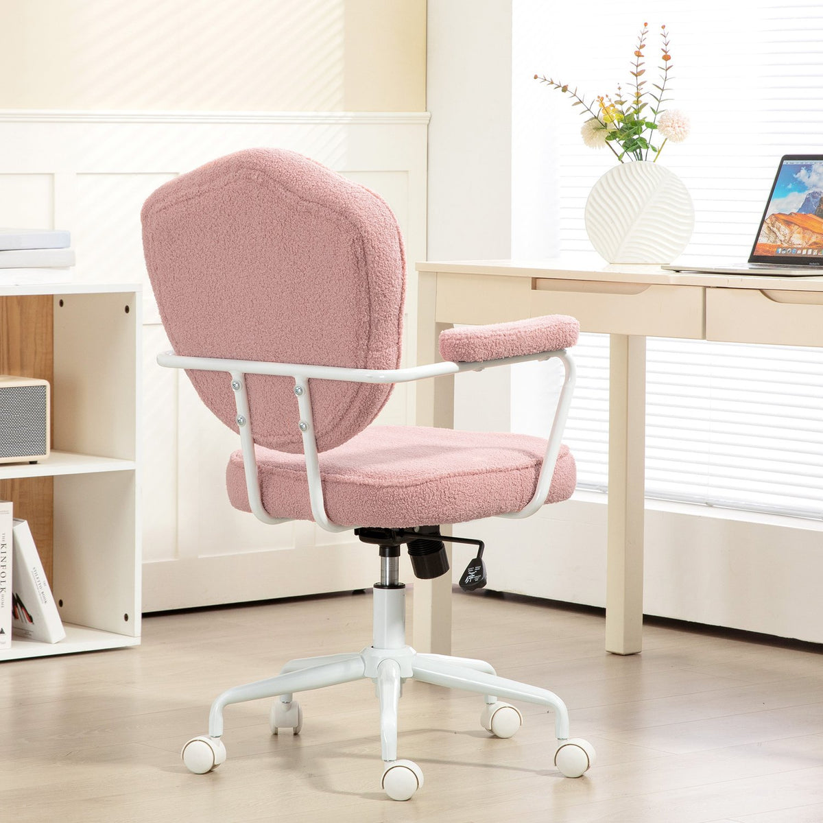 Chaise de bureau ergonomique rose, polaire Teddy, réglable en hauteur