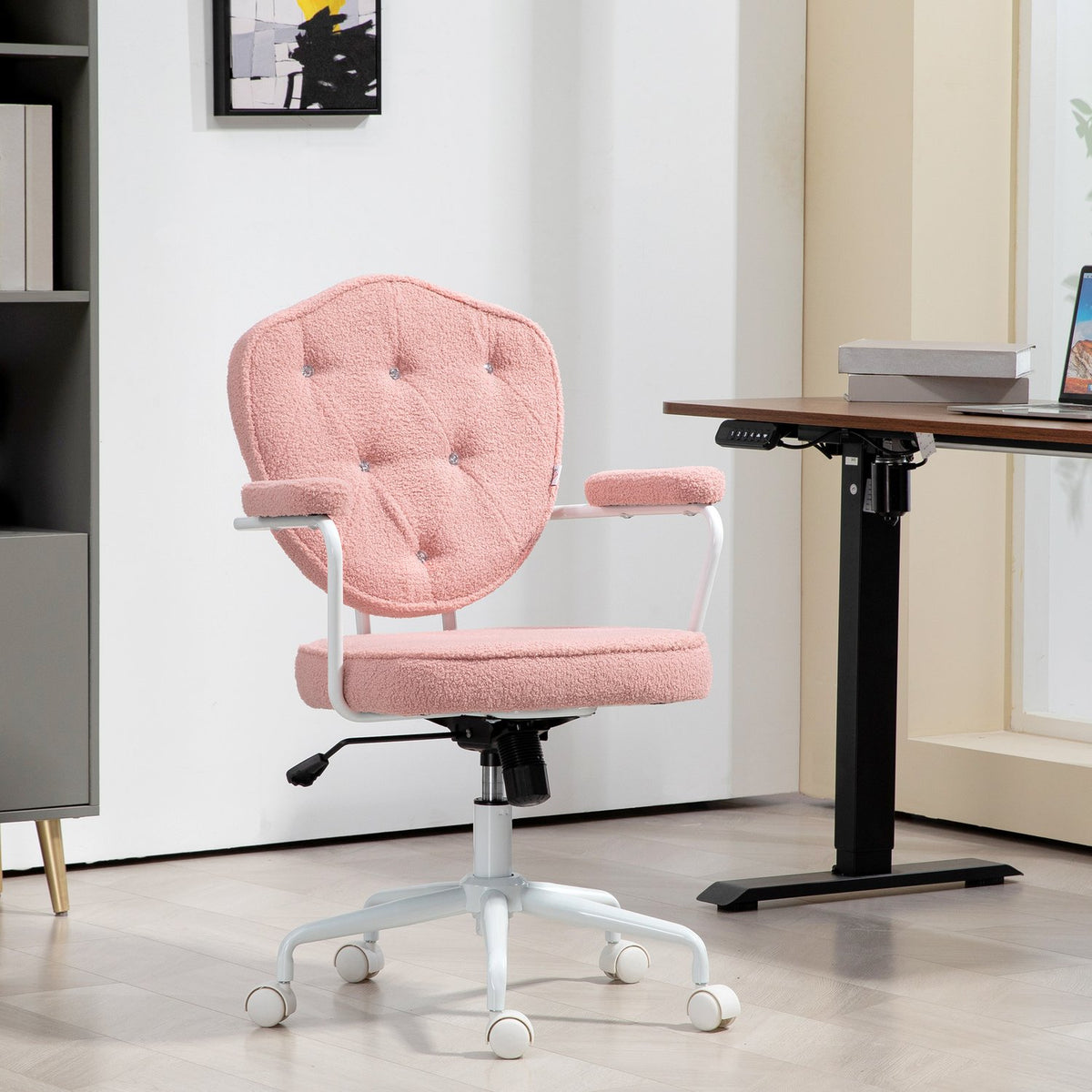 Chaise de bureau ergonomique rose, polaire Teddy, réglable en hauteur