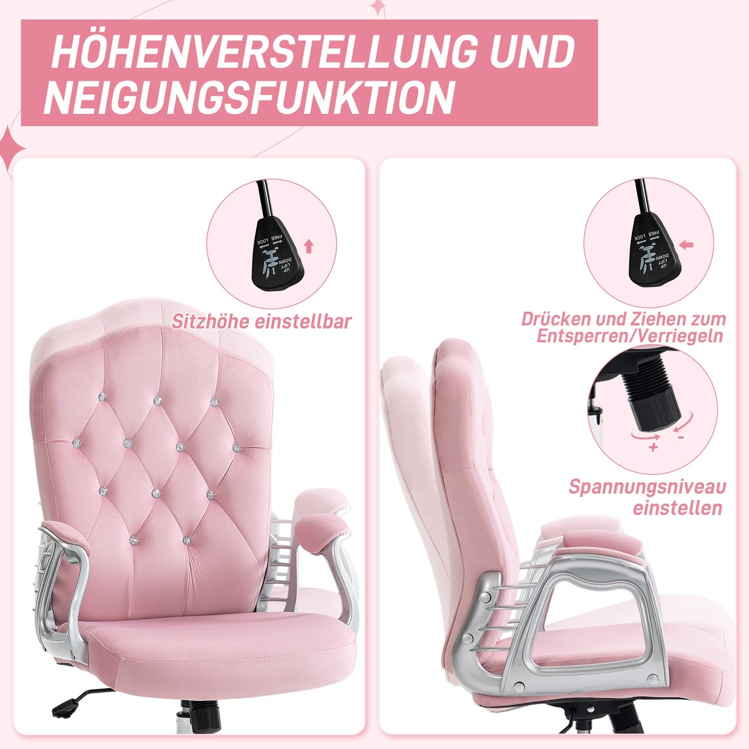 Ergonomisk rosa kontorsstol för kvinnor, höjdjusterbar