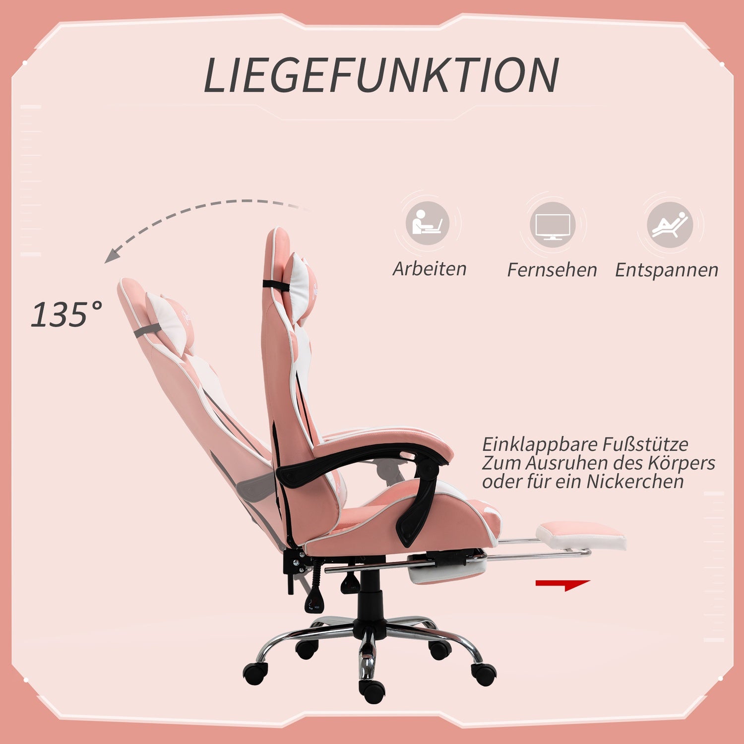 Ergonomisk rosa och vit spelstol med svankstöd