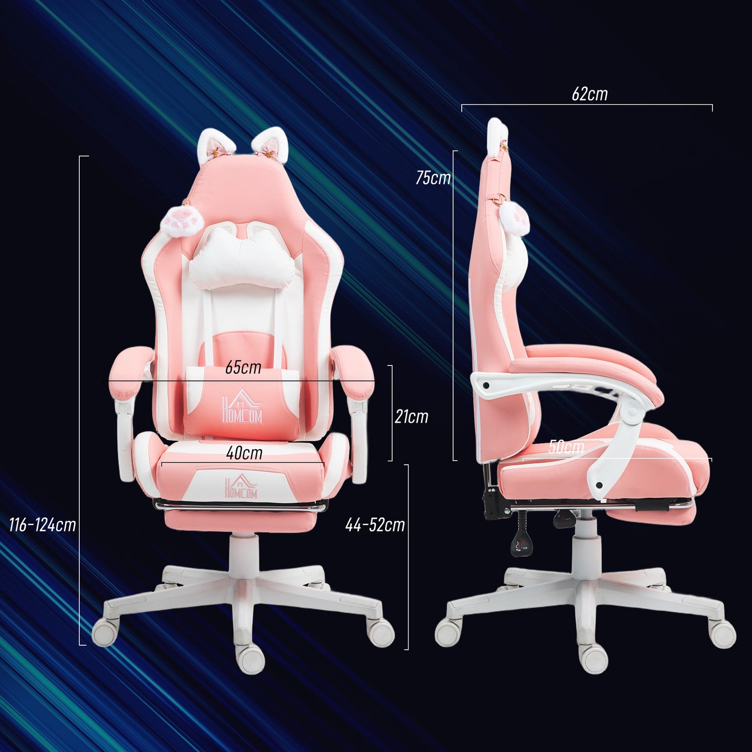 Ergonomisk rosa spelstol med svankstöd och fotstöd