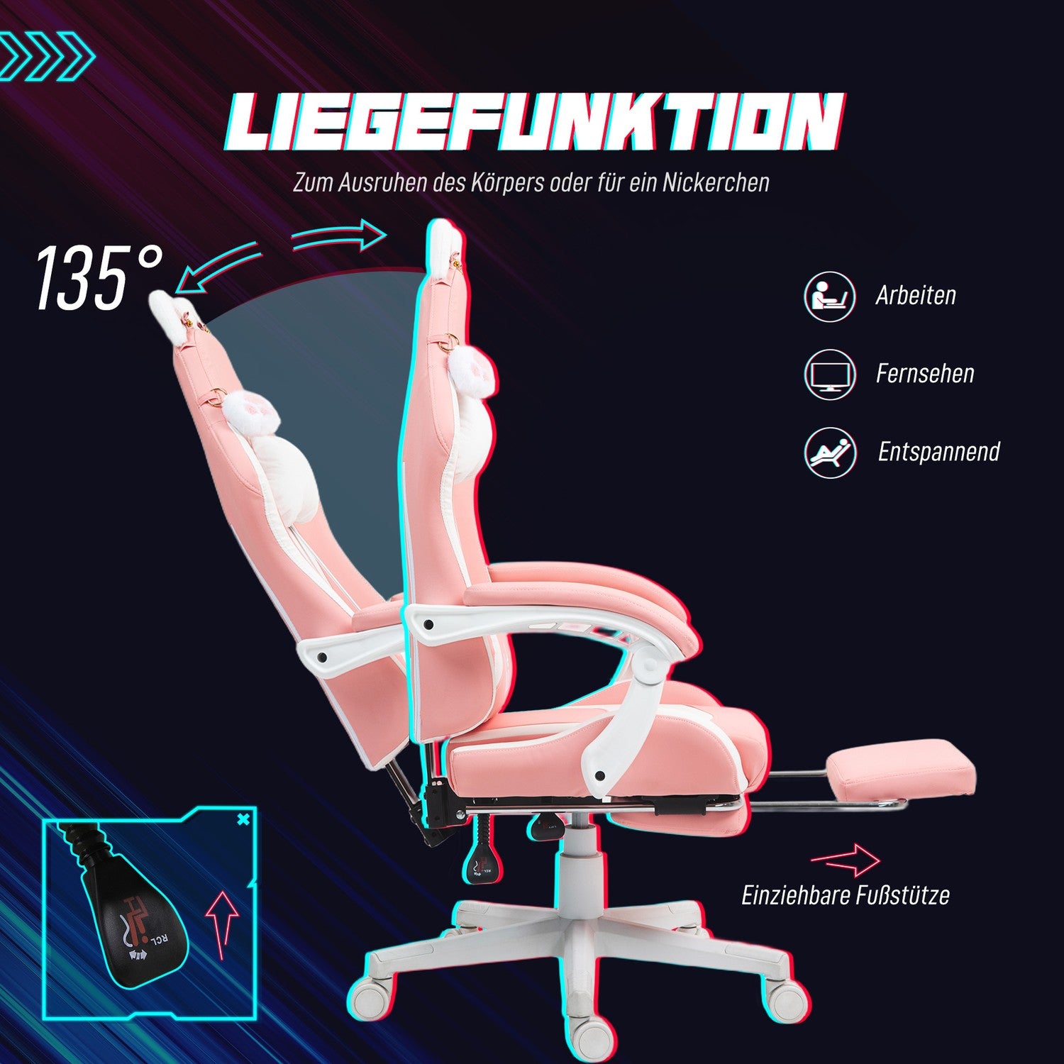 Ergonomisk rosa spelstol med svankstöd och fotstöd