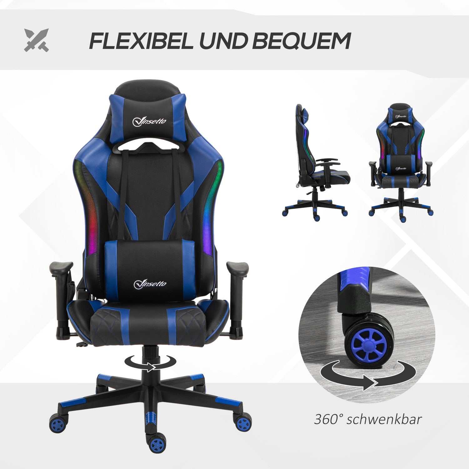 Ergonomisk spelstol med LED, justerbart armstöd, hög rygg