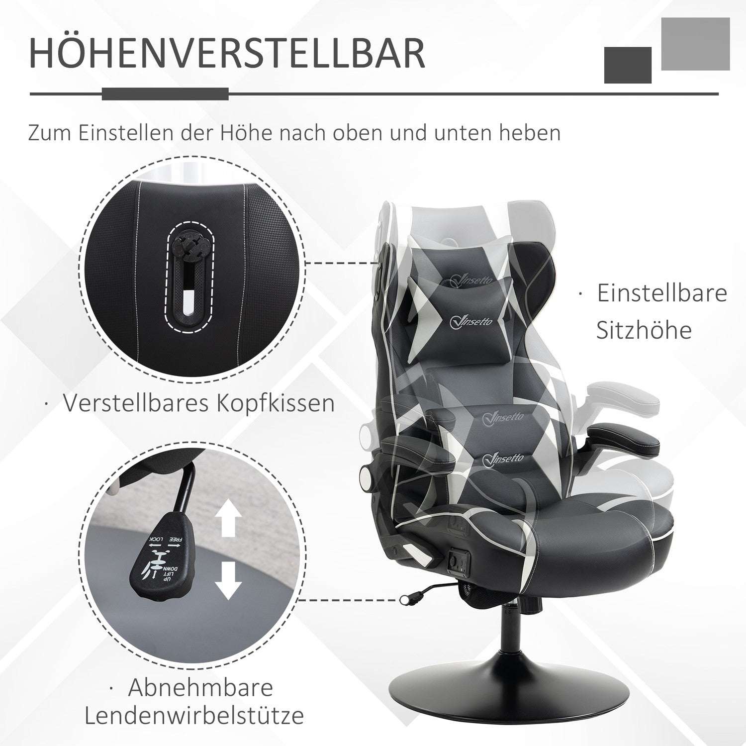 Ergonomisk spelstol med högtalare, justerbar höjd, konstläder