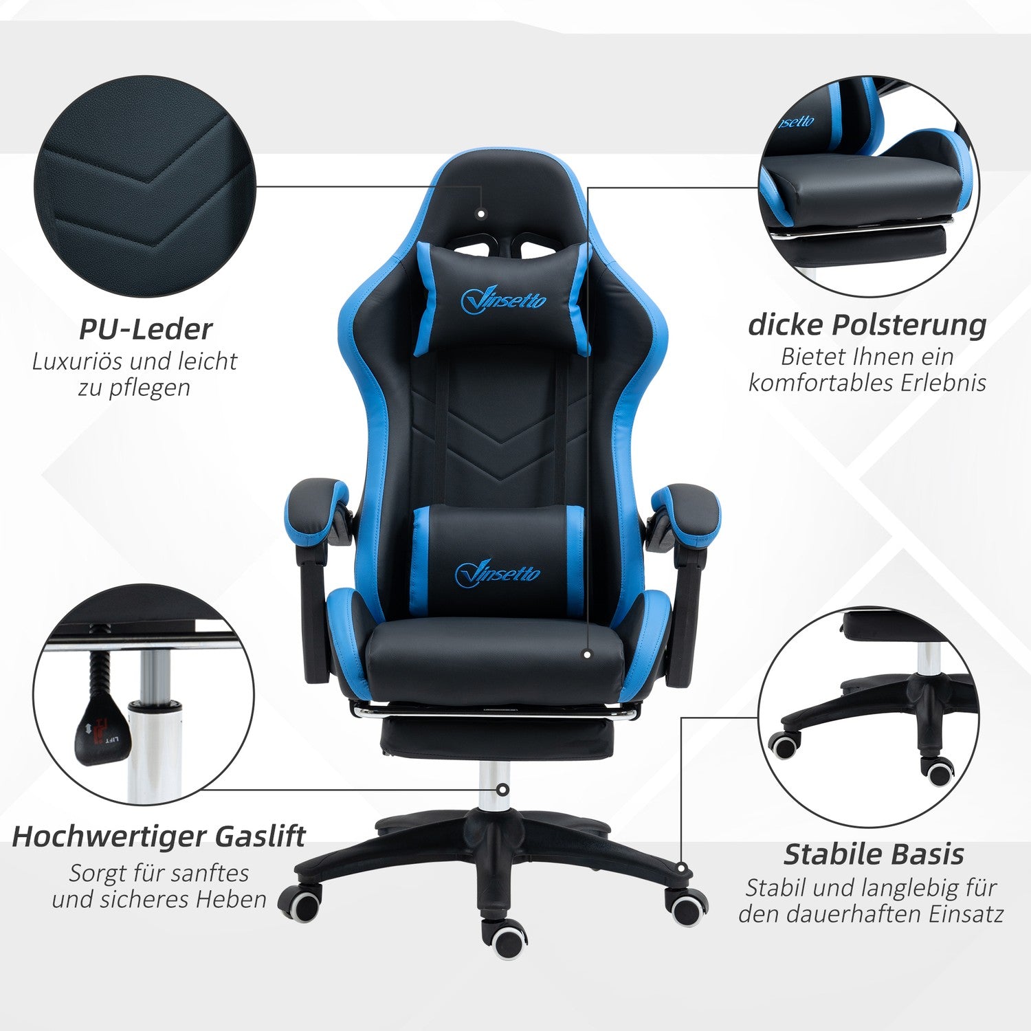 Ergonomisk spelstol med svankstöd och fotstöd