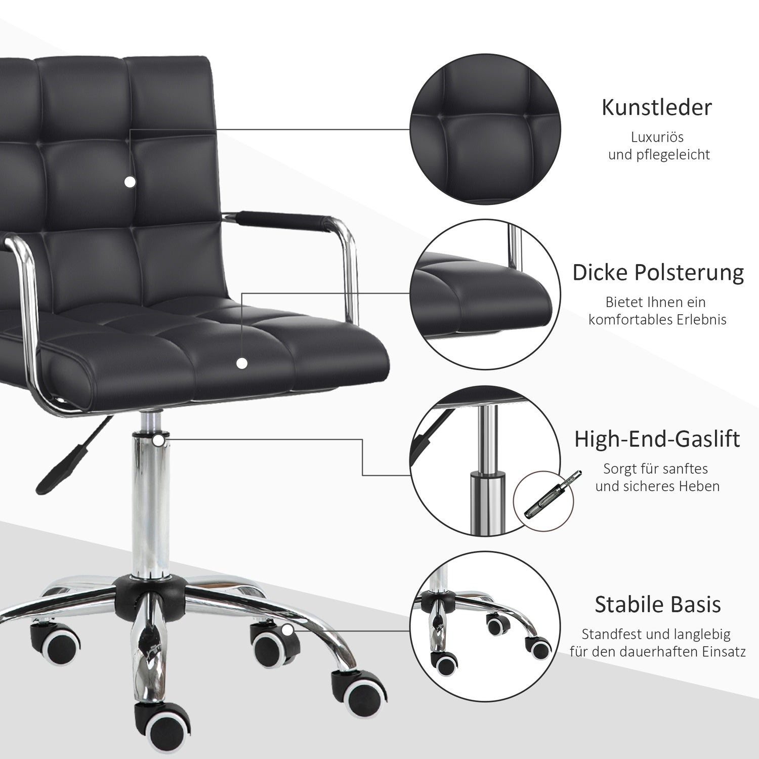 Ergonomisk ställbar kontorsstol med armstöd, 46-61H cm