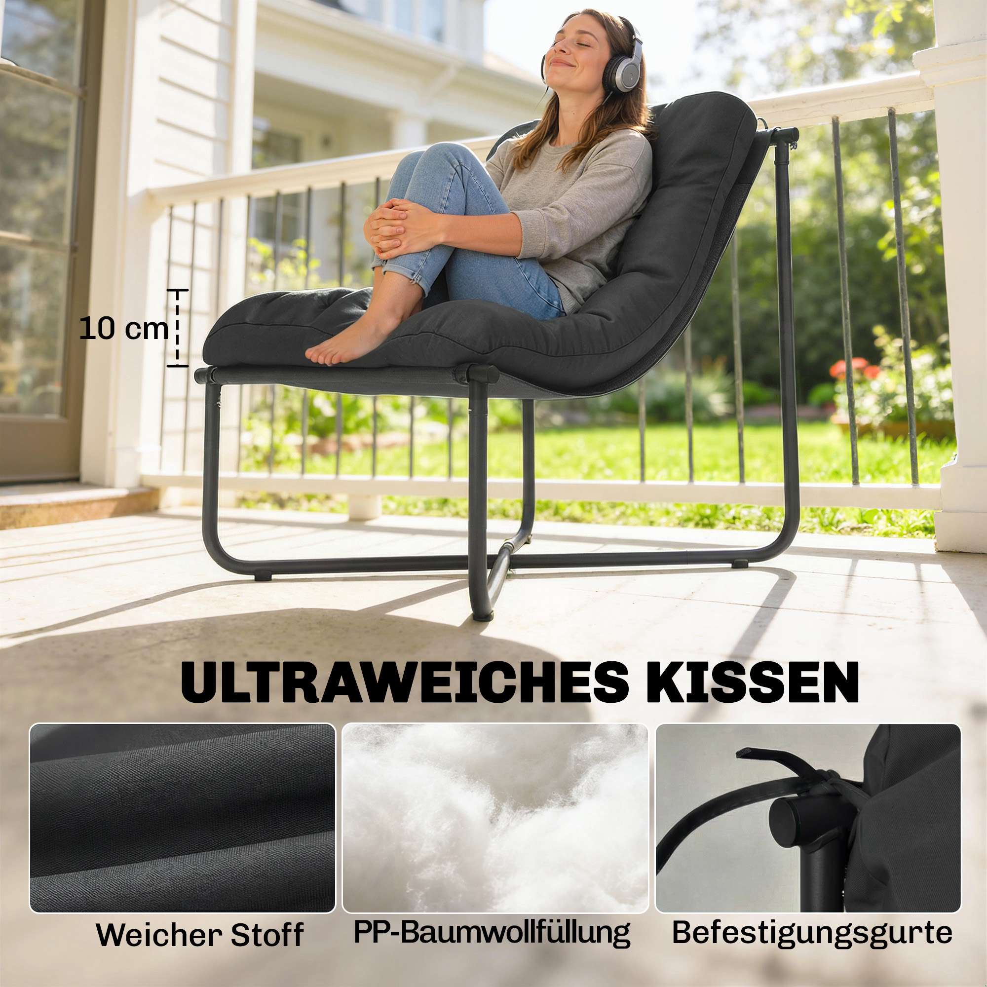 Ergonomisk trädgårdsstol med dyna, mörkgrå, 120 kg kapacitet