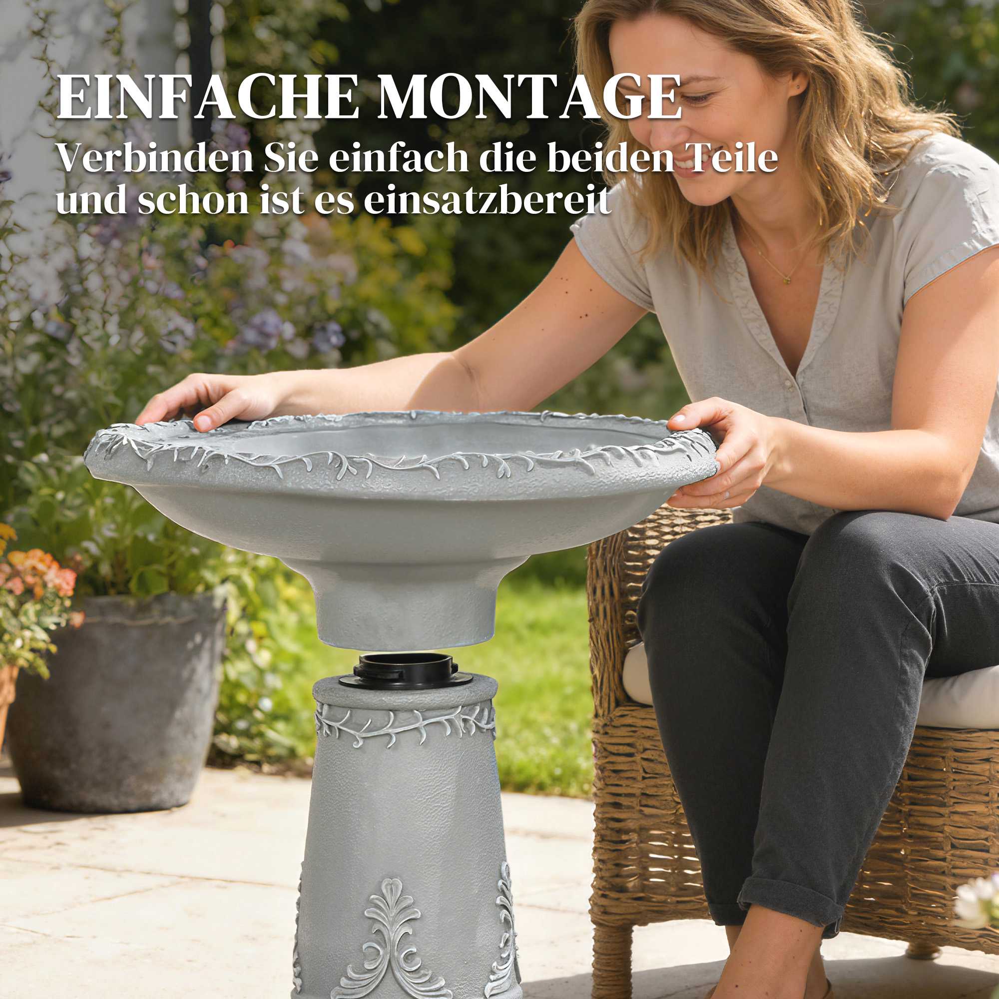 Fågelbad, harts, stenutseende, 48 cm diameter