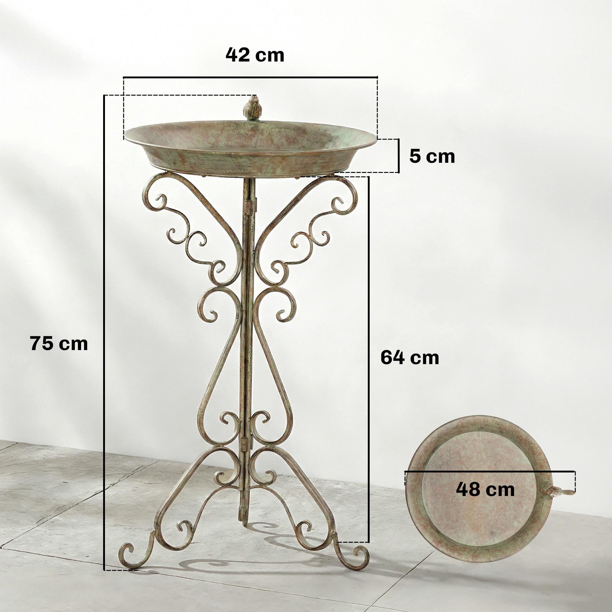Fågelbad i metall, vintagegrönt, 75 cm högt, rostbeständigt