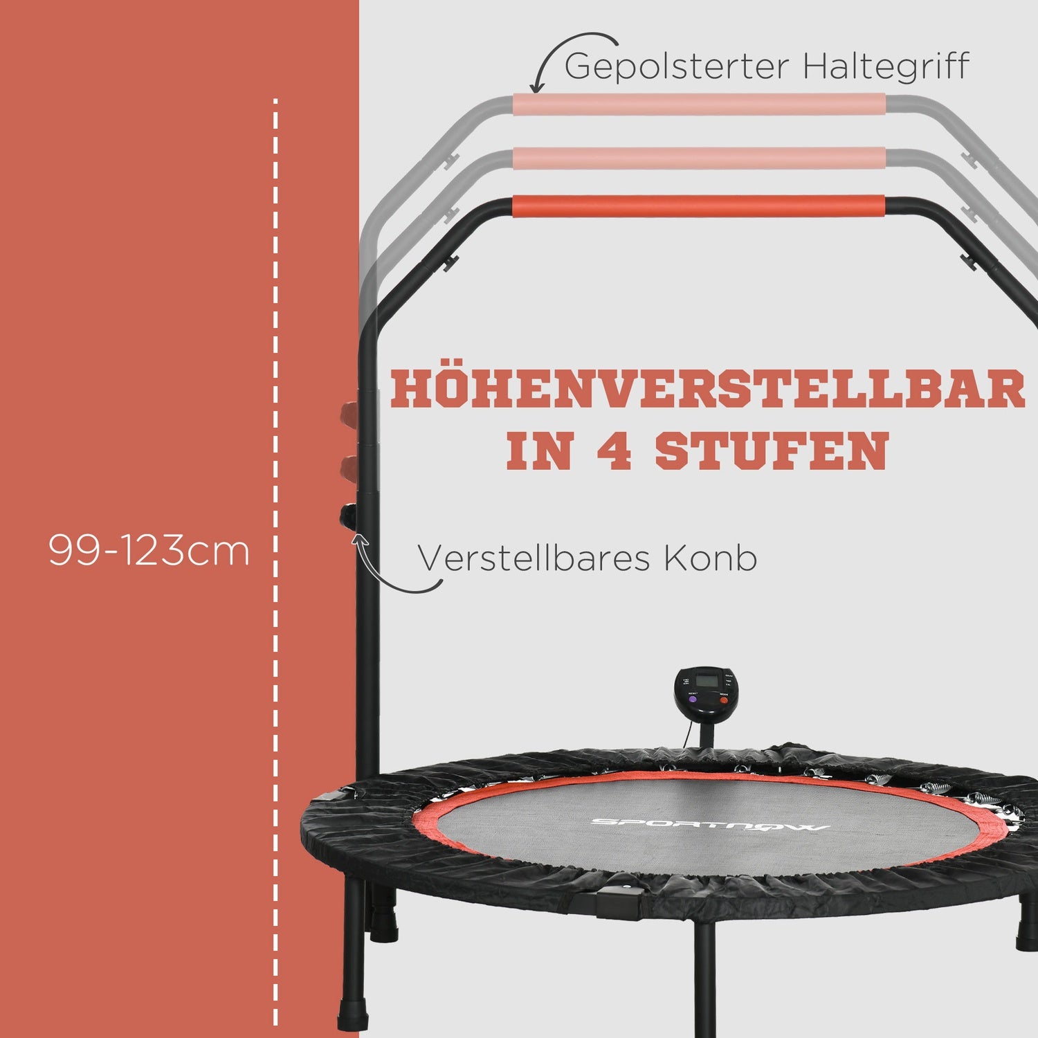 Fitness Mini studsmatta, 102 cm, justerbart handtag, 100 kg kapacitet