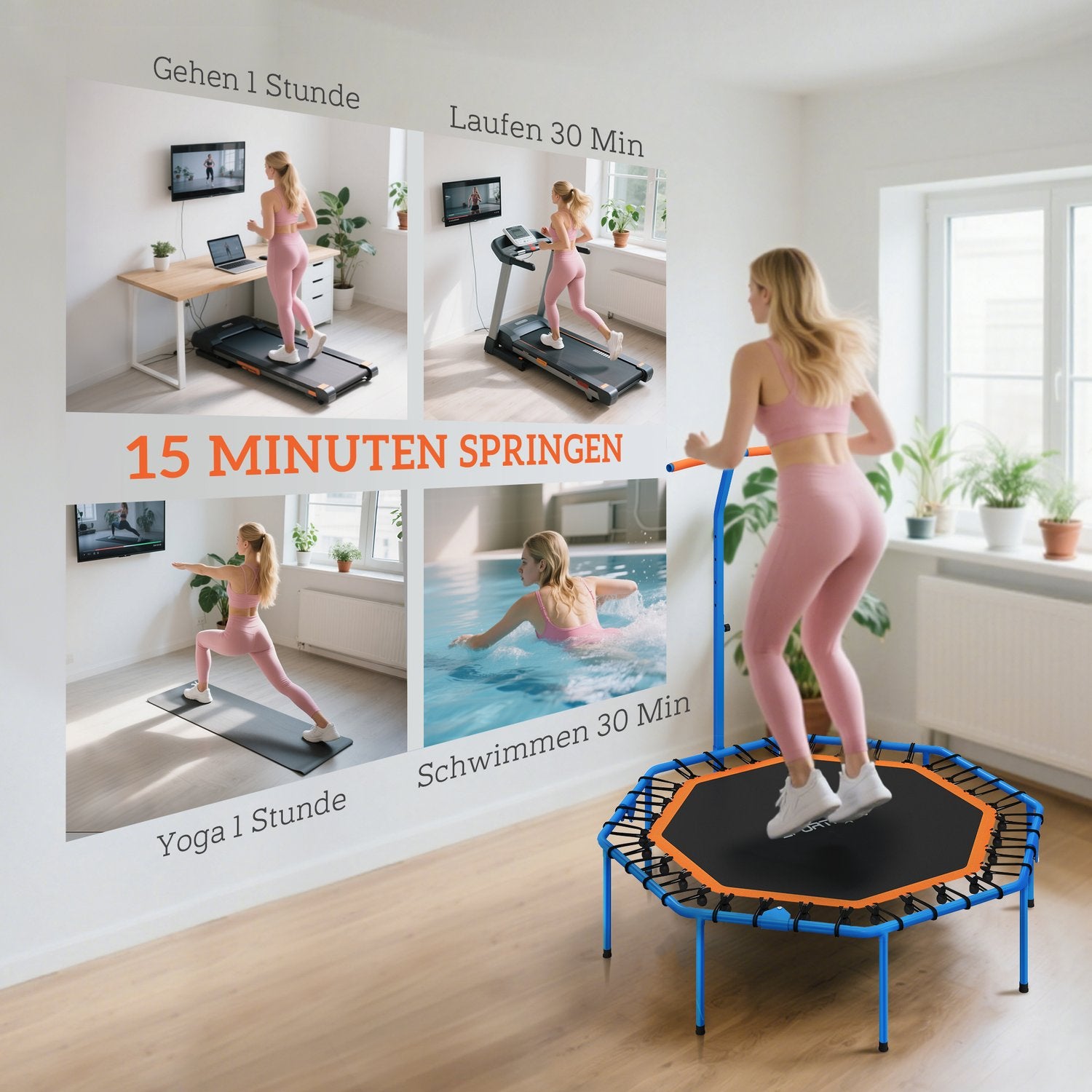 Fitnesstrampolin med justerbart handtag, stål, inomhusbruk