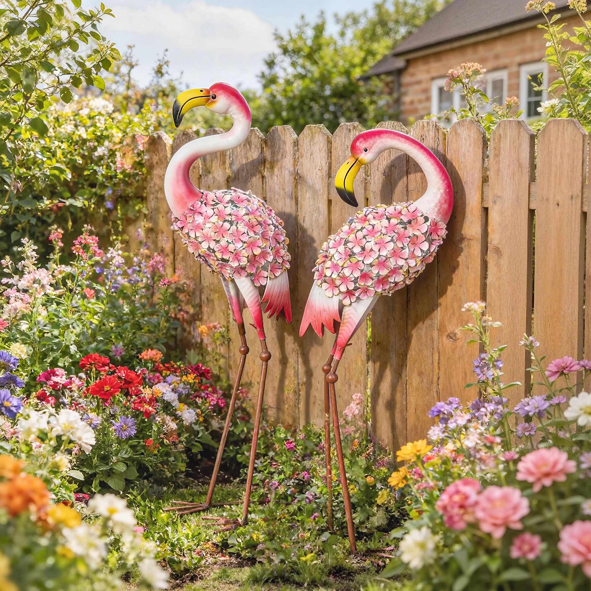 Flamingo trädgårdsstatyer set om 2, metallfåglar med ankare