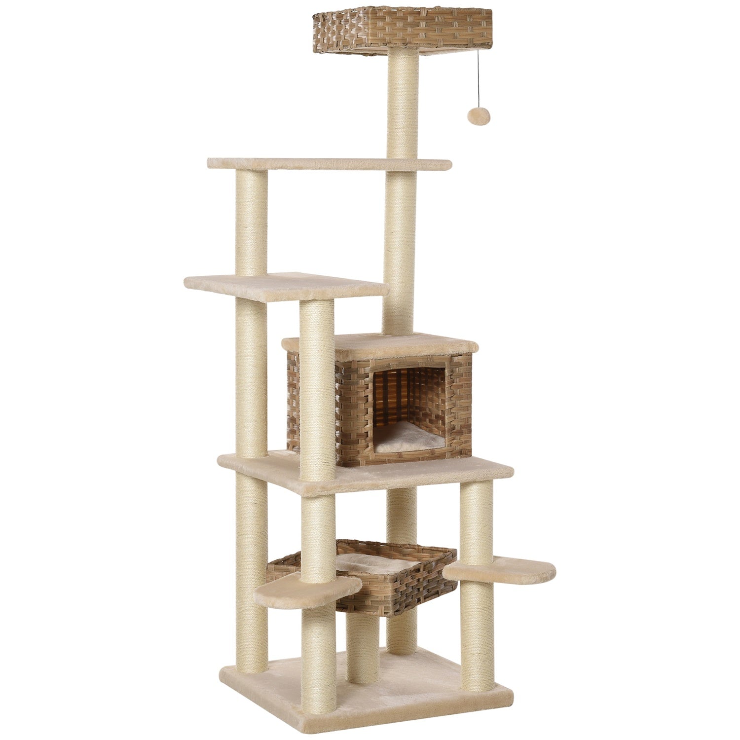 Flerskikts rottingkatt-klätterträd med grotta, beige/brun