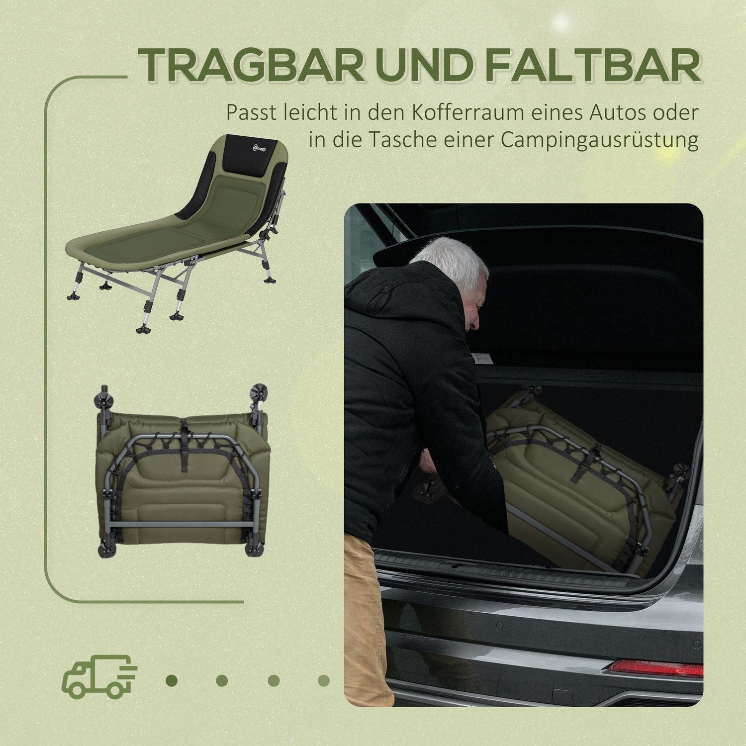 Fällbar campingsäng – justerbar, stödjer upp till 180 kg, grön