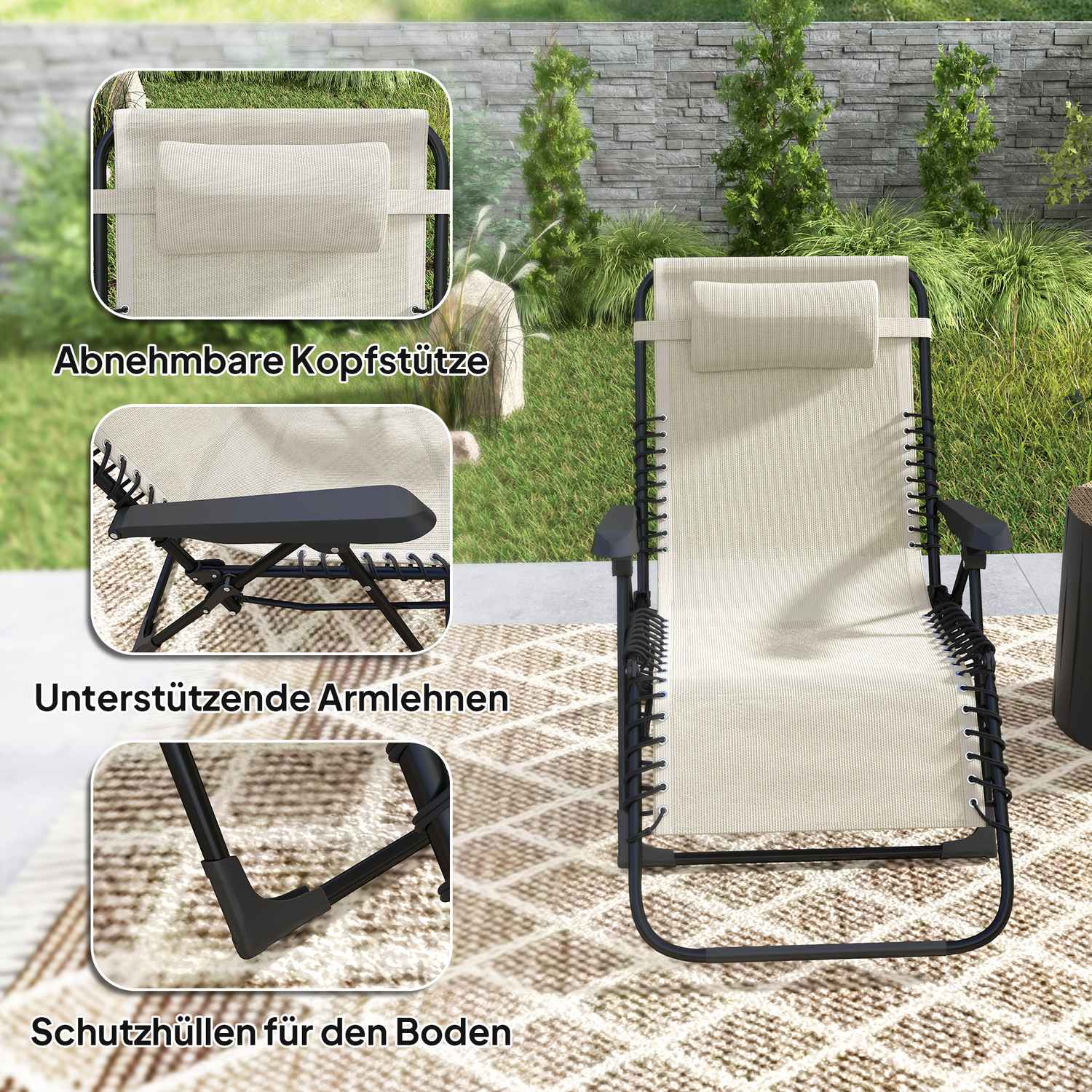Fällbar solstol med kudde, 5-läges rygg, beige