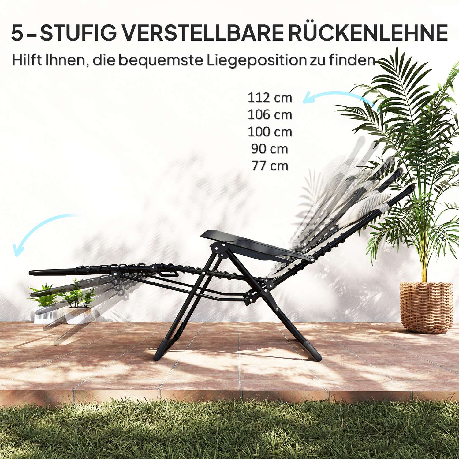 Fällbar solstol med kudde, 5-läges rygg, beige