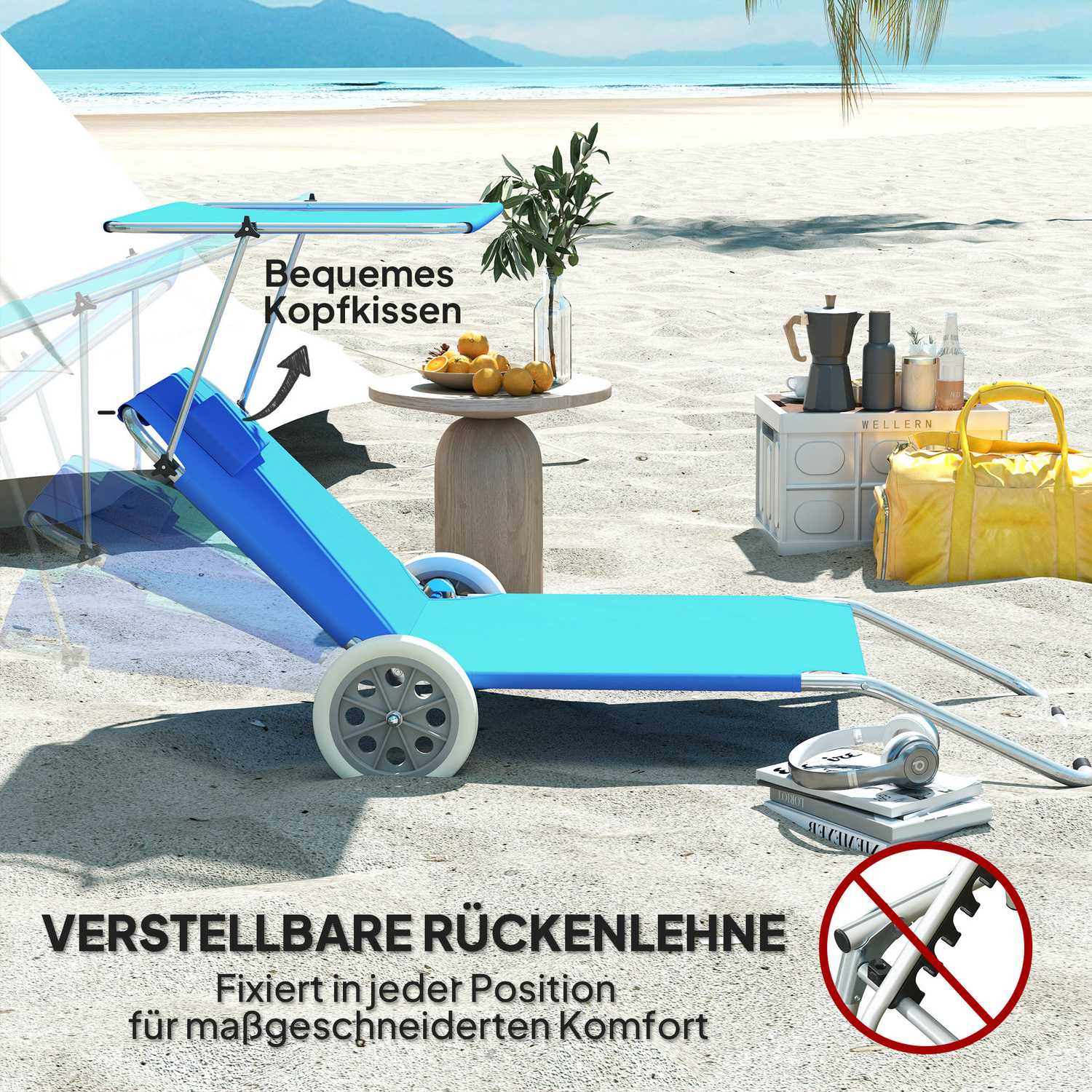 Fällbar solstolsset, väderbeständig, justerbar, blå