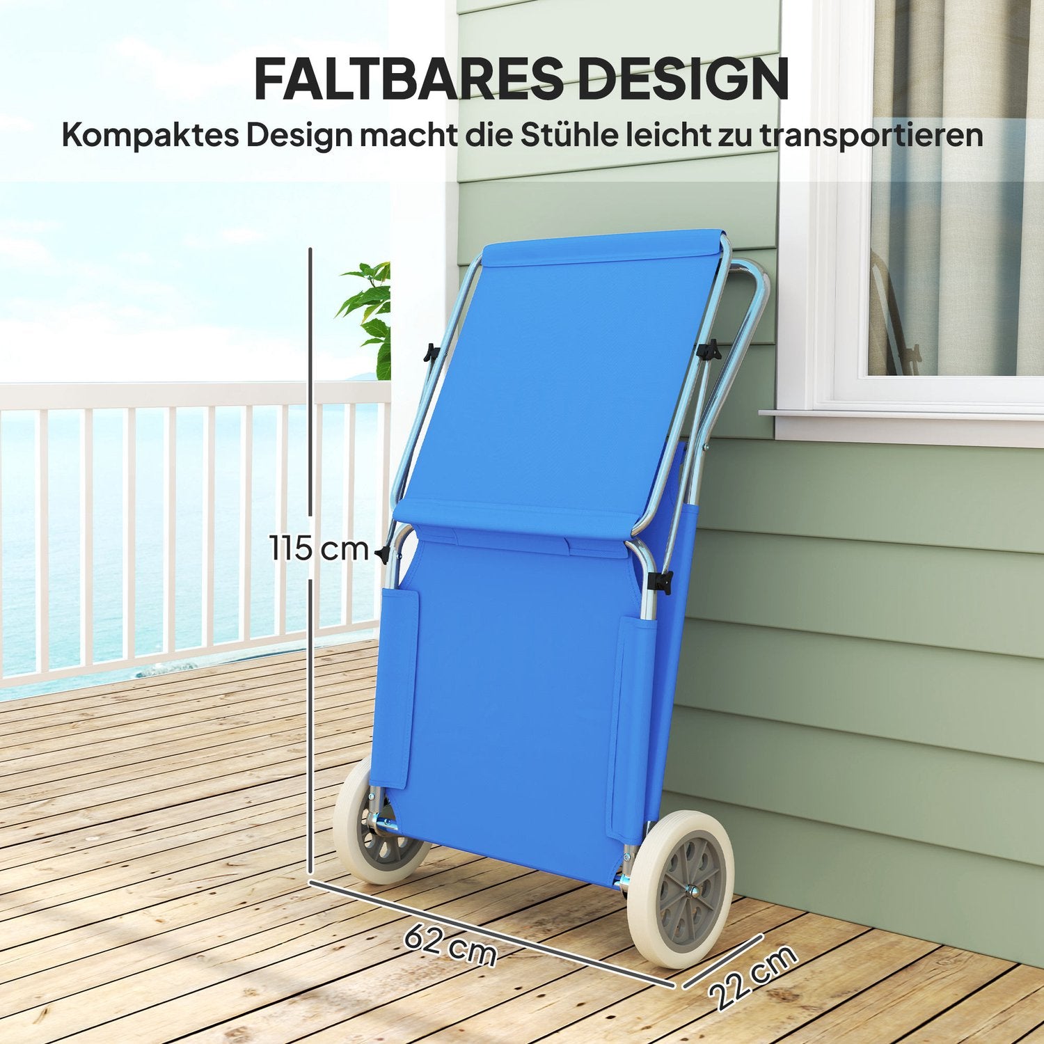 Fällbar solstolsset, väderbeständig, justerbar, blå