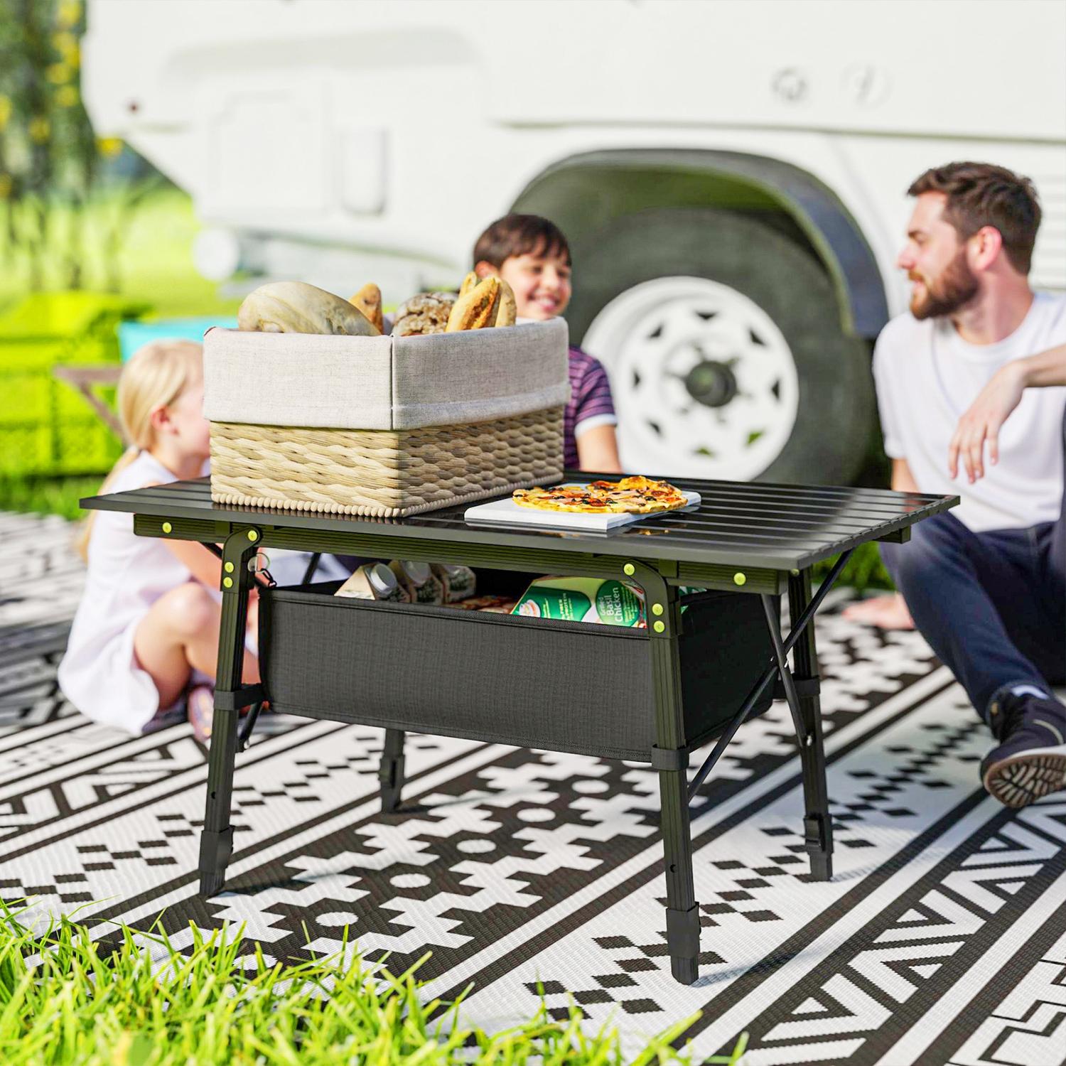 Fällbart campingbord med förvaring, justerbar höjd