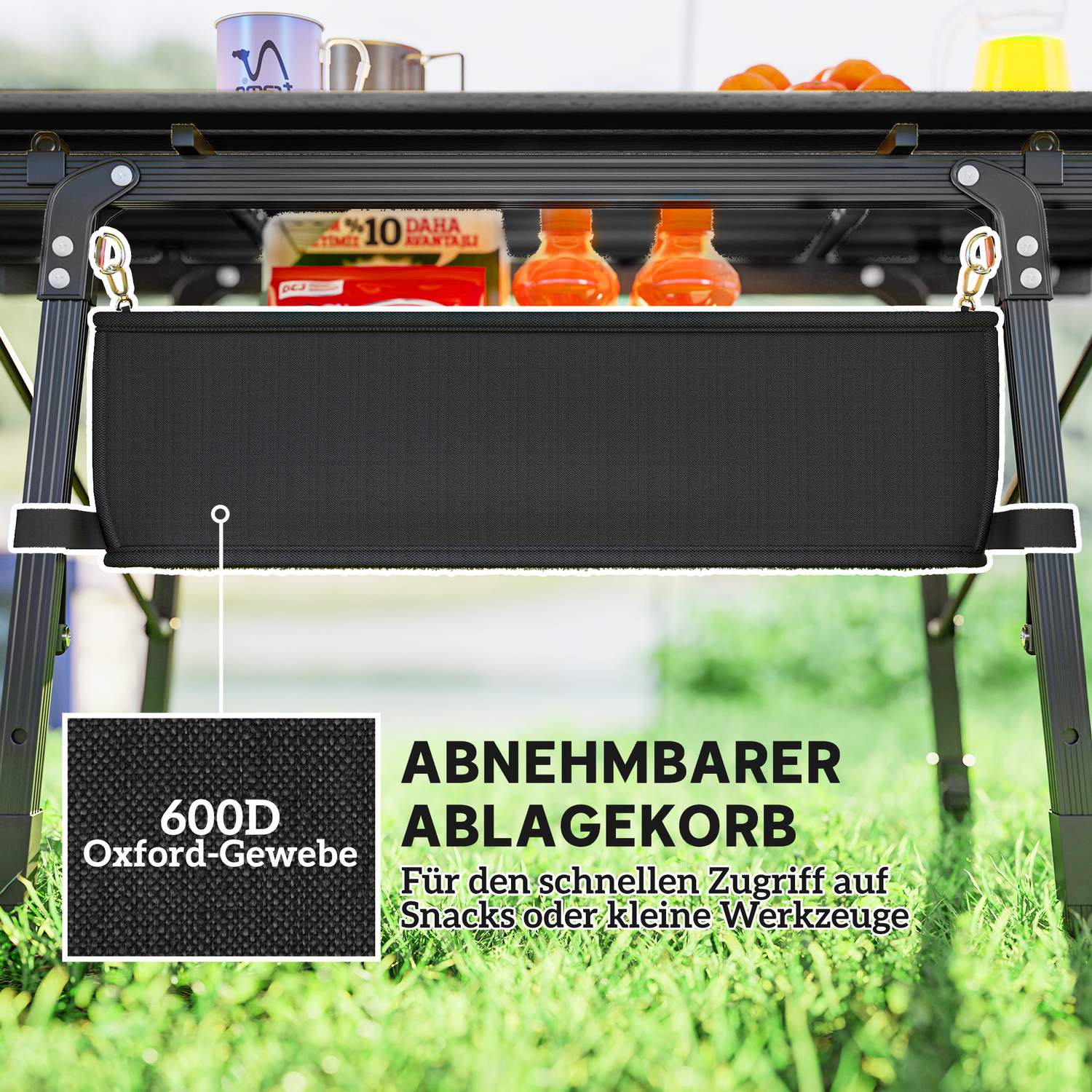 Fällbart campingbord med förvaring, justerbar höjd