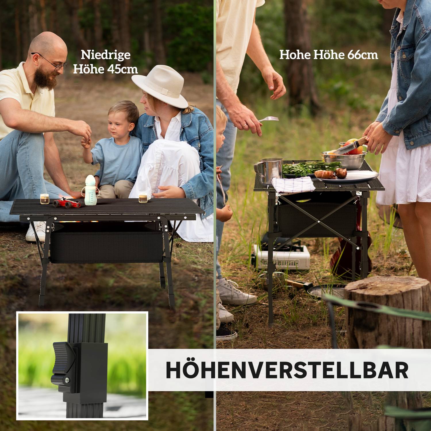 Fällbart campingbord med förvaring, justerbar höjd