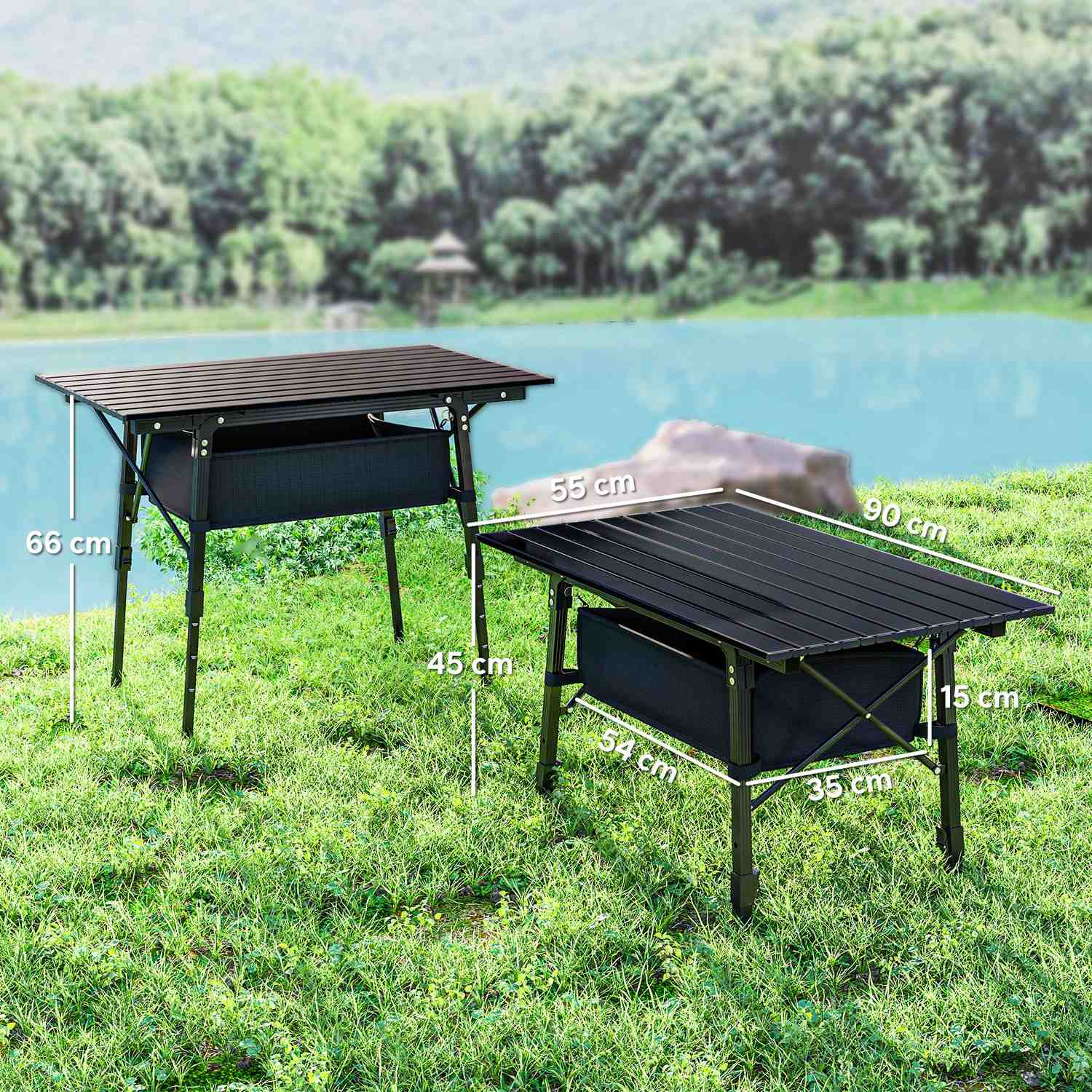 Fällbart campingbord med förvaring, justerbar höjd