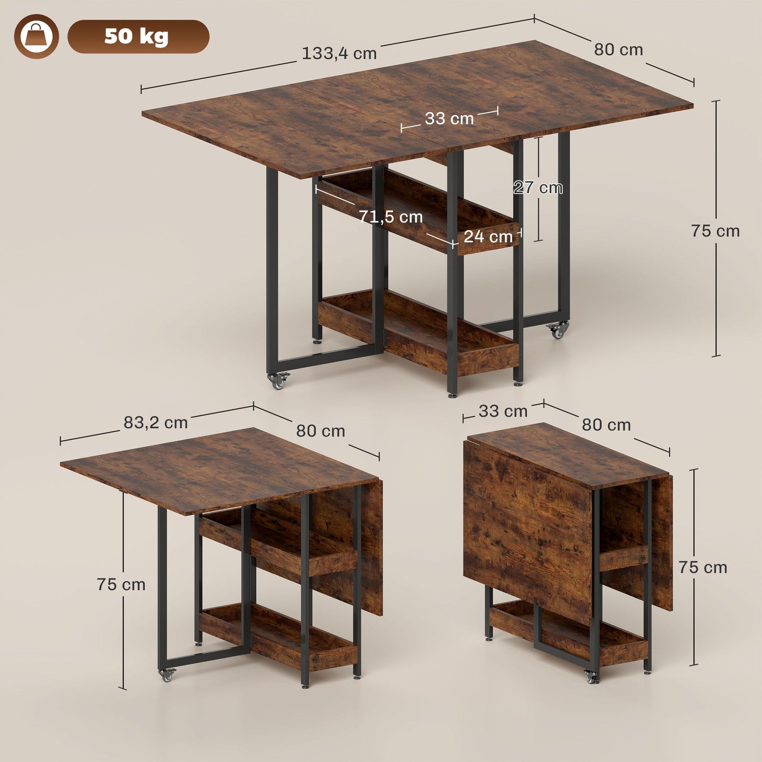 Fällbart matbord i industriell design, för upp till 4 personer, öppna hyllor, flexibel, metall, spånskiva, brun