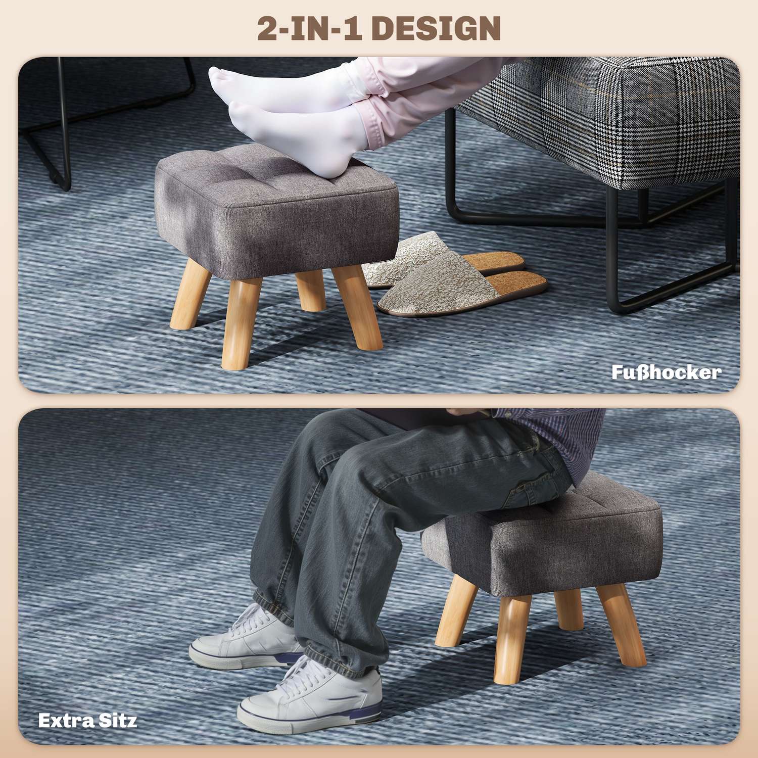 Fotpall med klädsel, linnelook, träben, lastkapacitet upp till 110 kg, grå