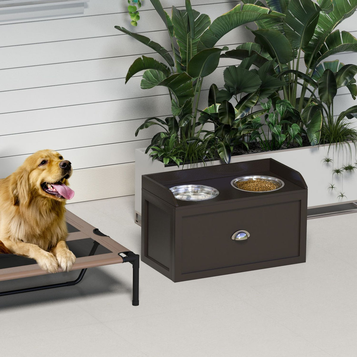 Station d'alimentation pour chien surélevée, 2 x gamelles 2L en acier inoxydable