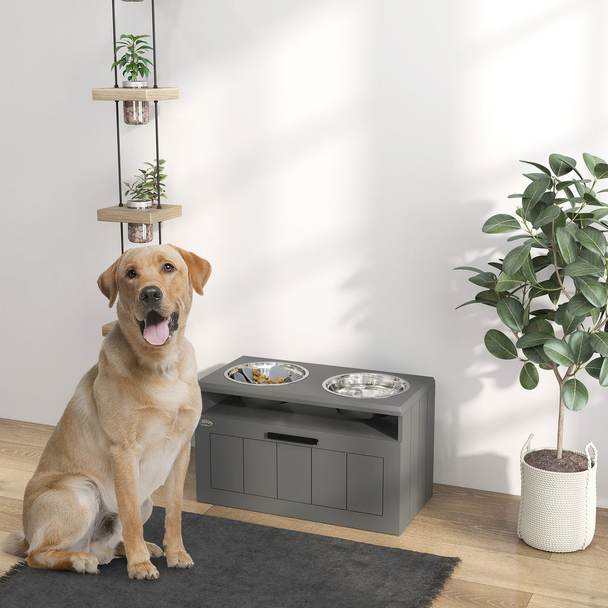 Station d'alimentation pour chien surélevée avec rangement, gris
