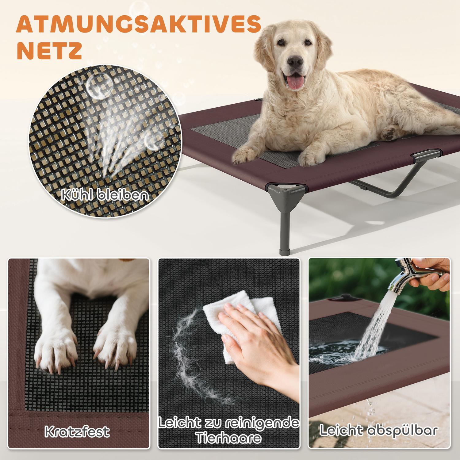 Förhöjd hundstol utomhus med tak och kylnät