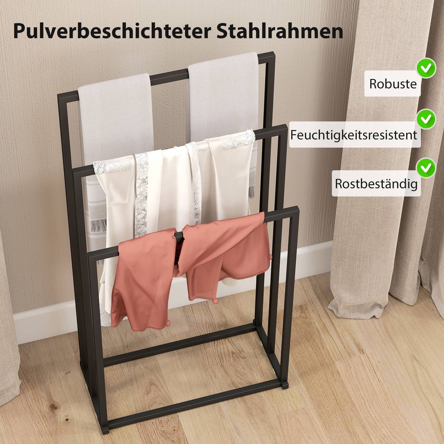 Fristående handdukshängare med 3 stänger, stål, 45x21,5x85 cm