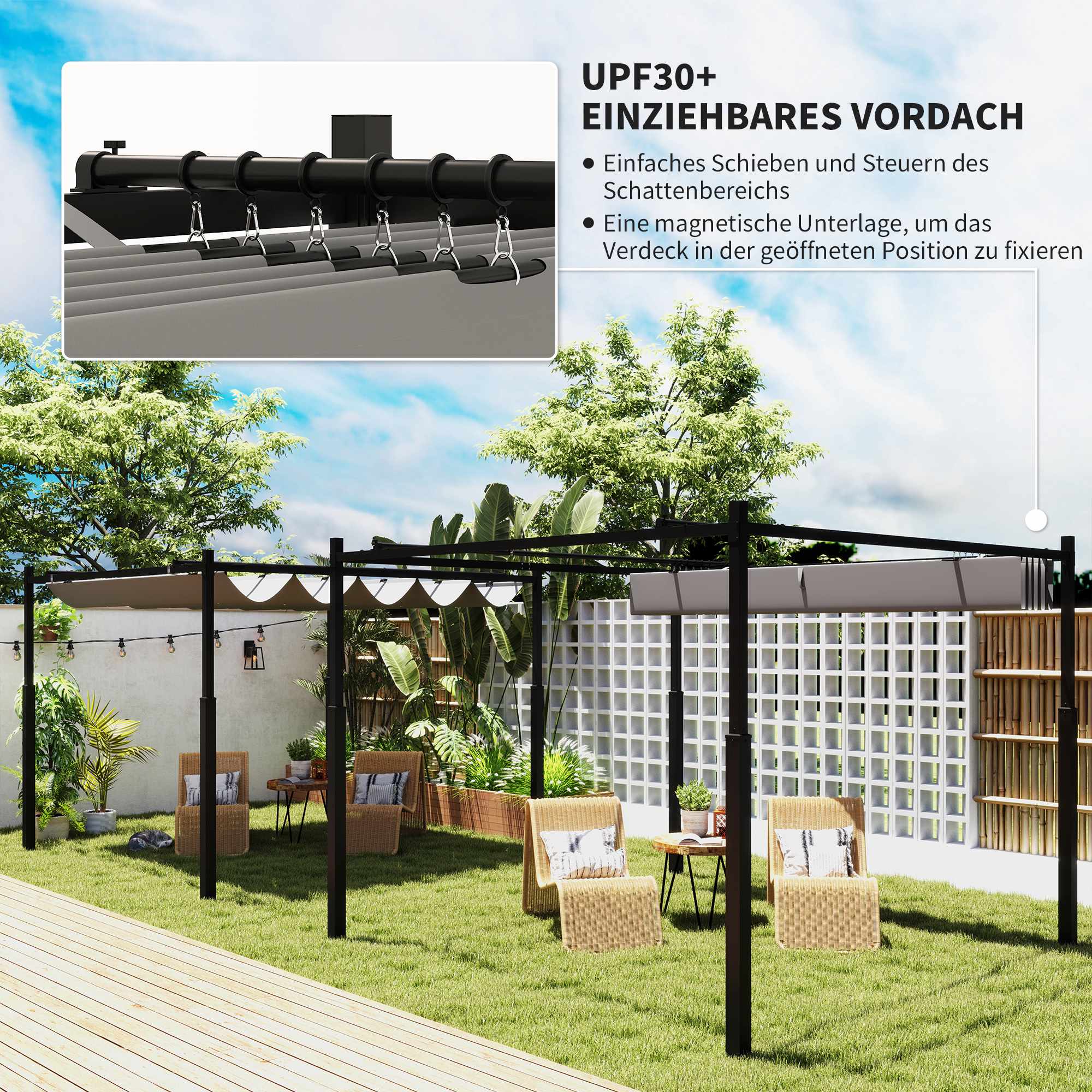 Fristående pergola 3x3m med skjuttak, UV-resistent