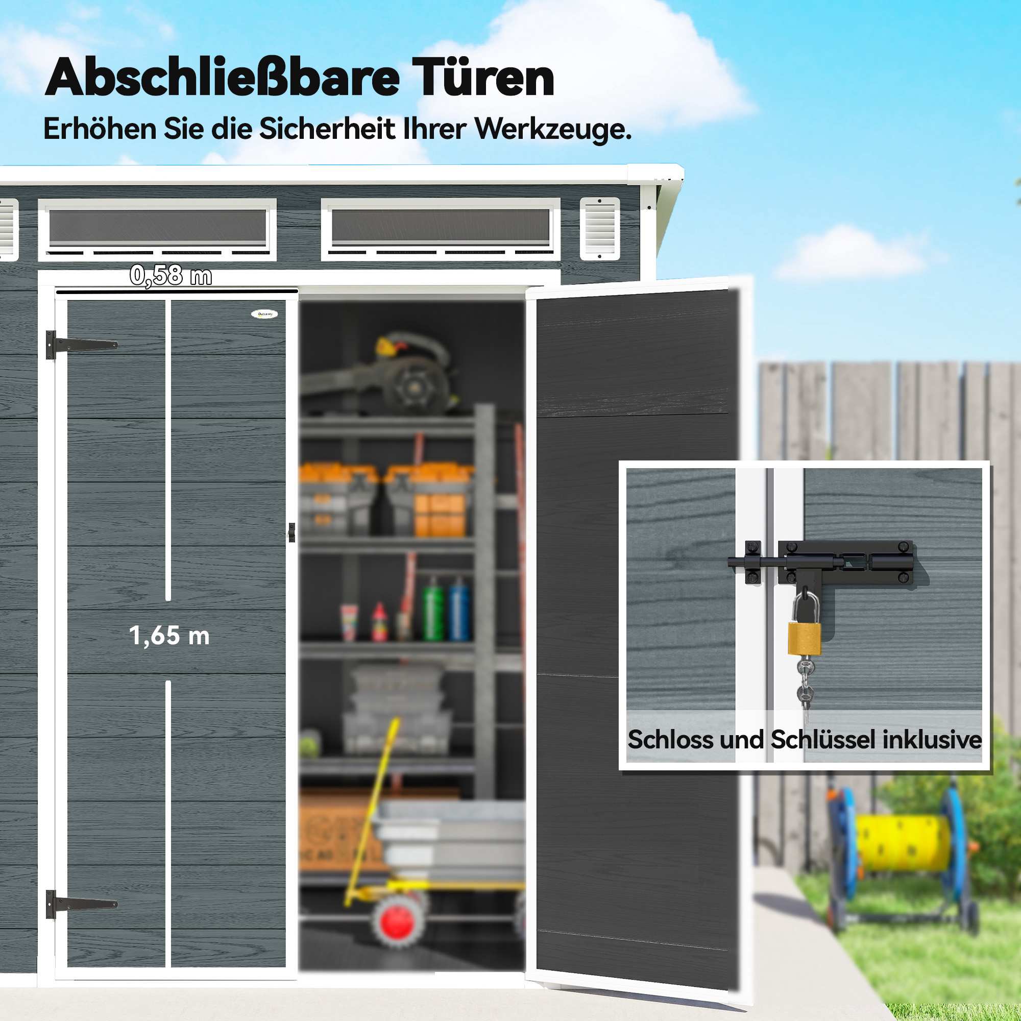 Förråd för utomhusbruk, träliknande, 3 fönster, dubbeldörrar, 182x182 cm