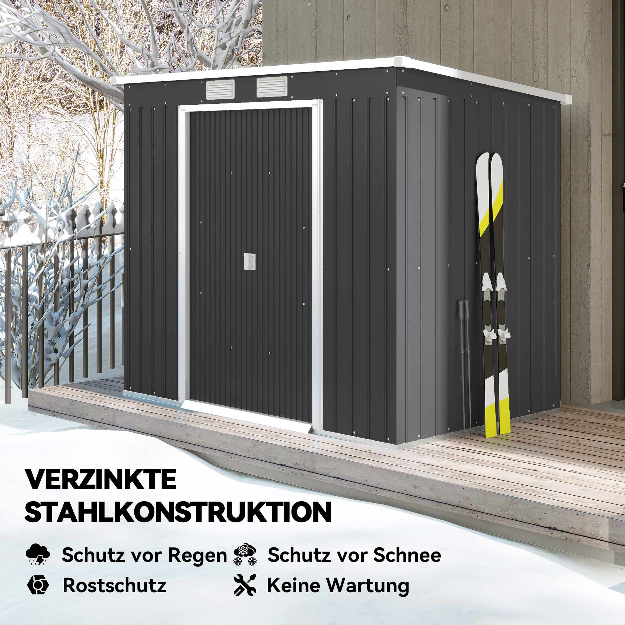 Förråd för utomhusbruk, ventilationsfönster, skjutdörrar, stål, 213x130x172 cm