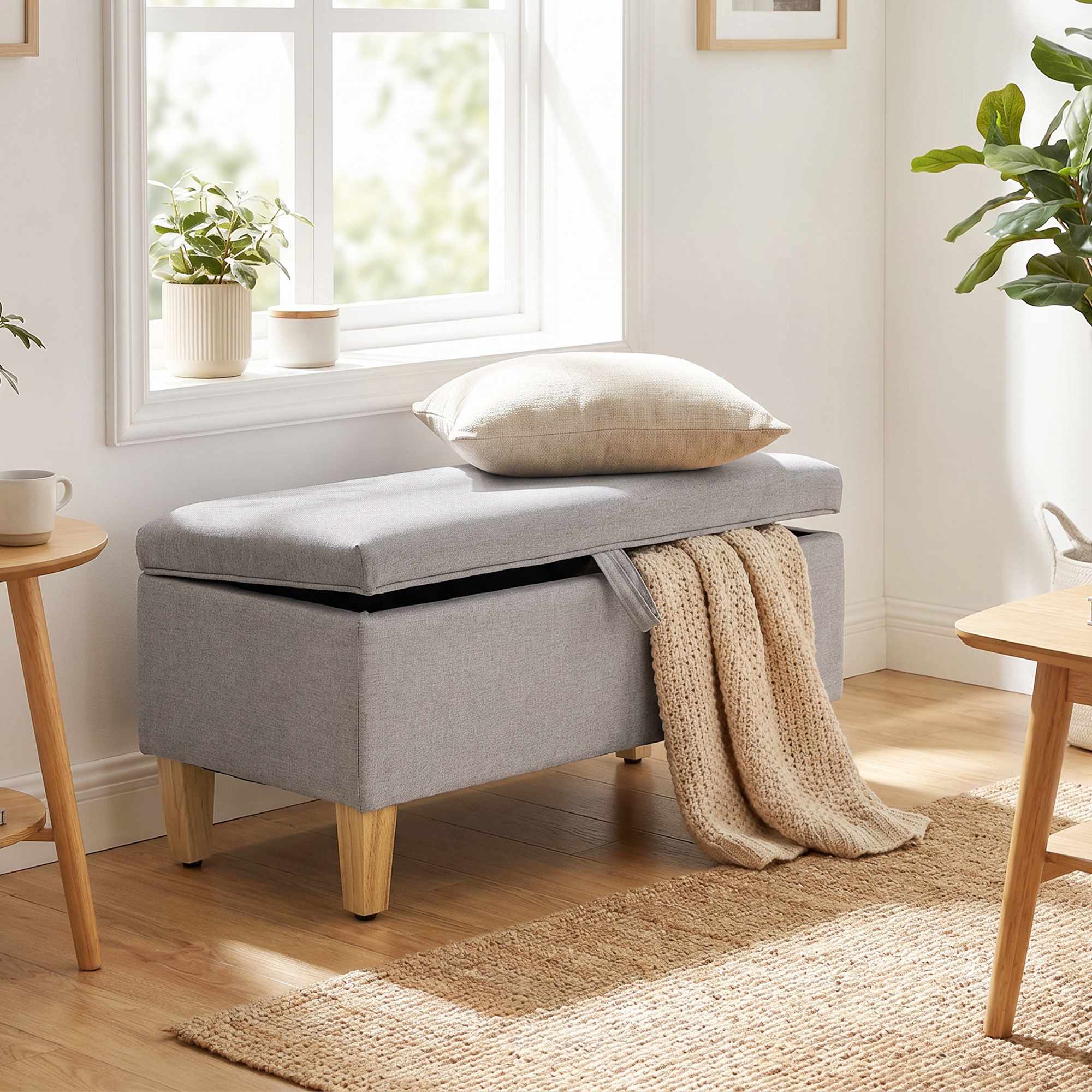 Förvaringsbänk Ottoman, Linne-Look, Ljusgrå 71cm