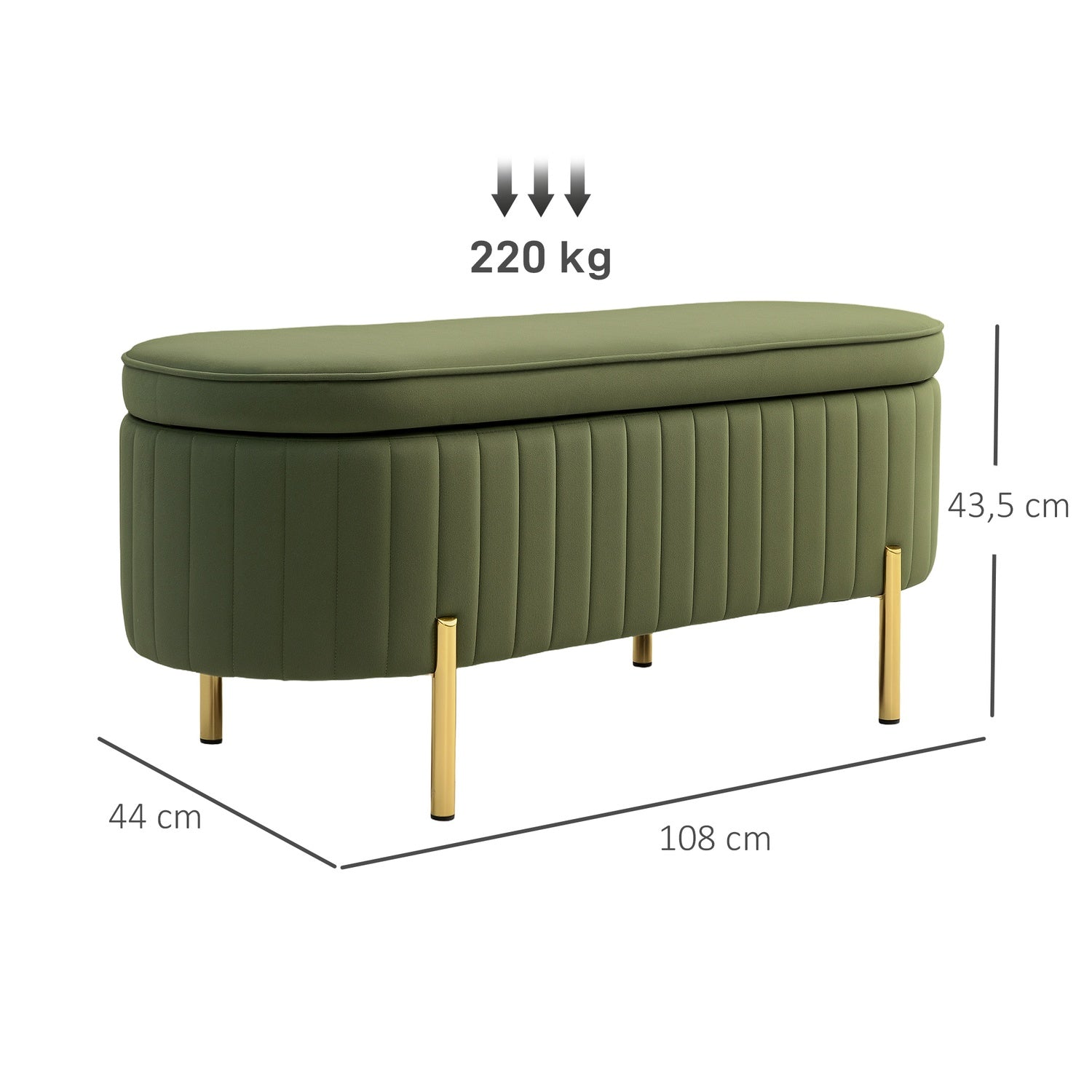 Förvaringsbänk i grön sammet med guldben, 19 gallon kapacitet