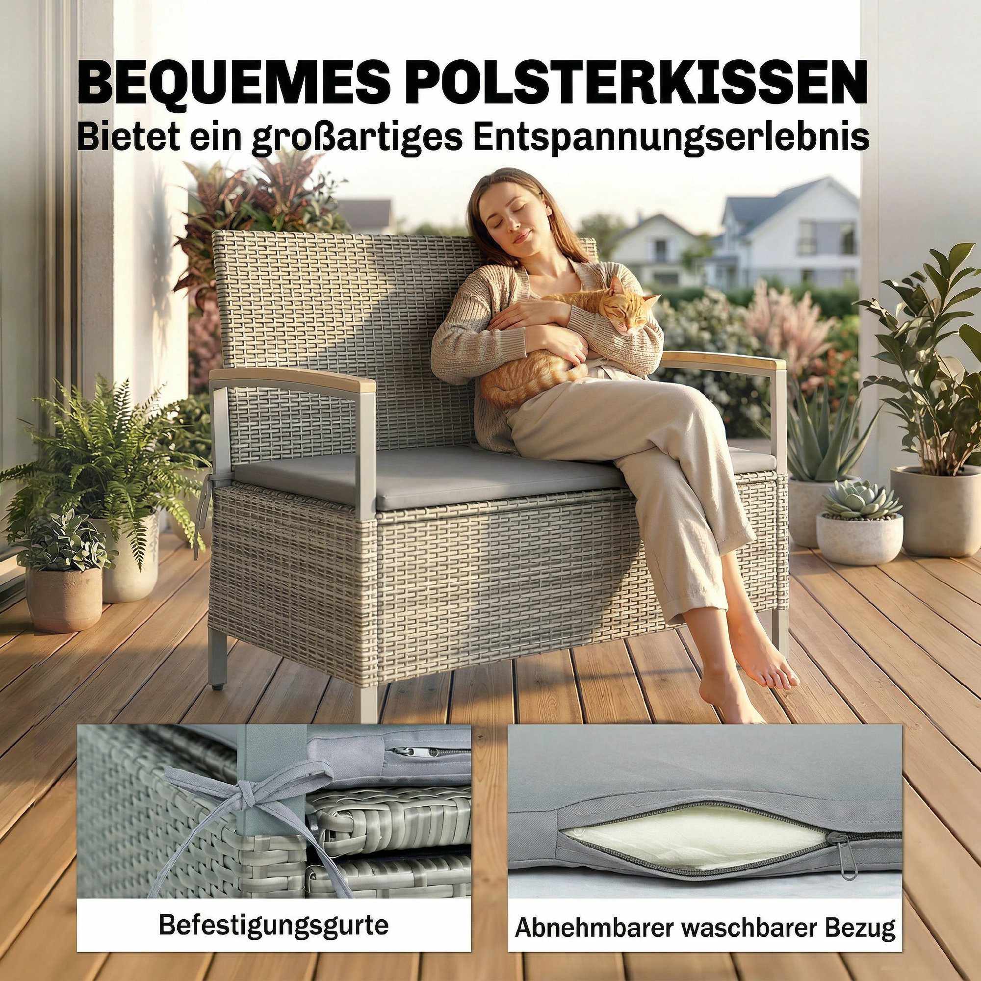 Förvaringsbänk i rotting för utomhusbruk, 2-sits, 170 liters kapacitet