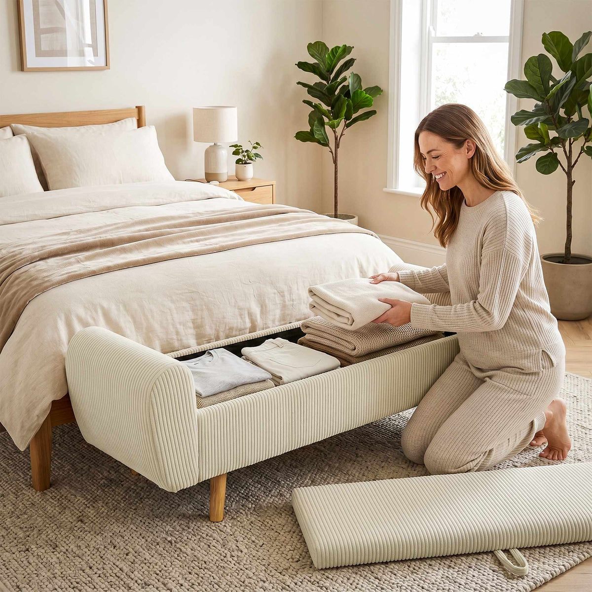Förvaringsbänk med dolt fack, beige manchester, 150 cm