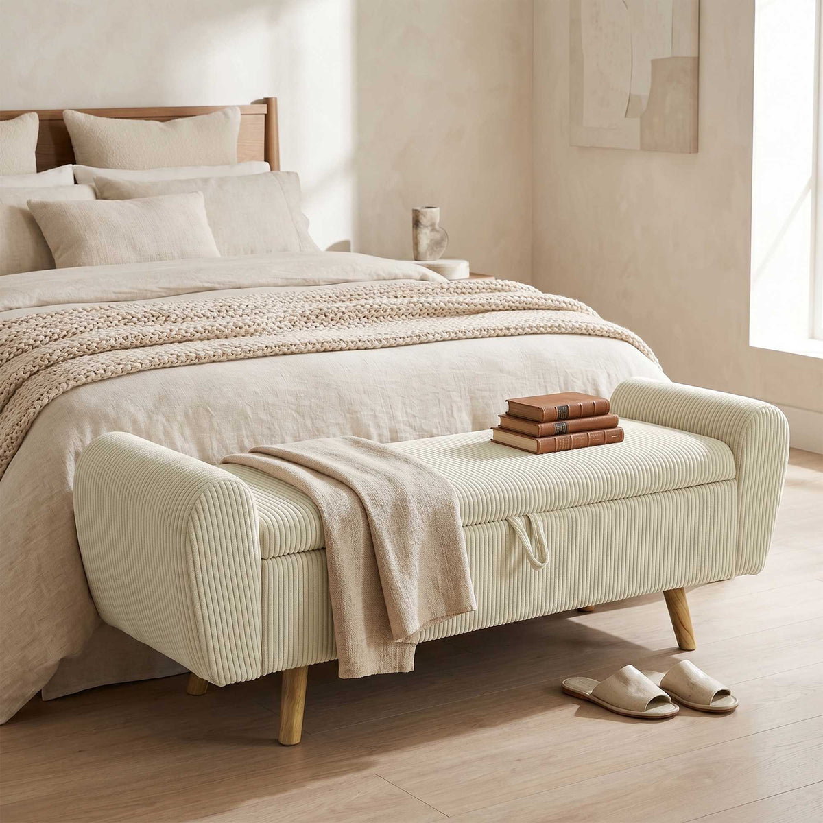 Förvaringsbänk med dolt fack, beige manchester, 150 cm