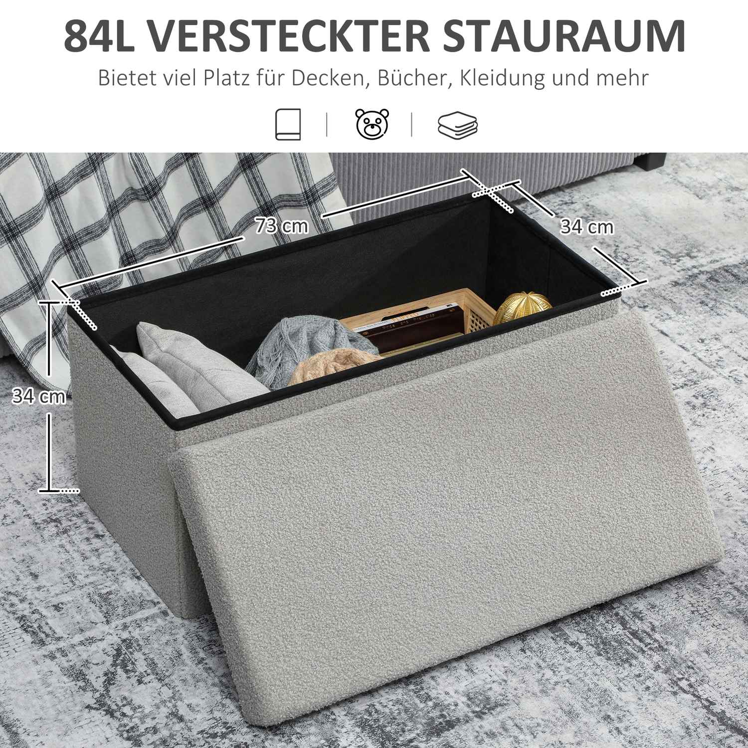Förvaringsfotpall, Klädd Bänk med Lock, Ljusgrå