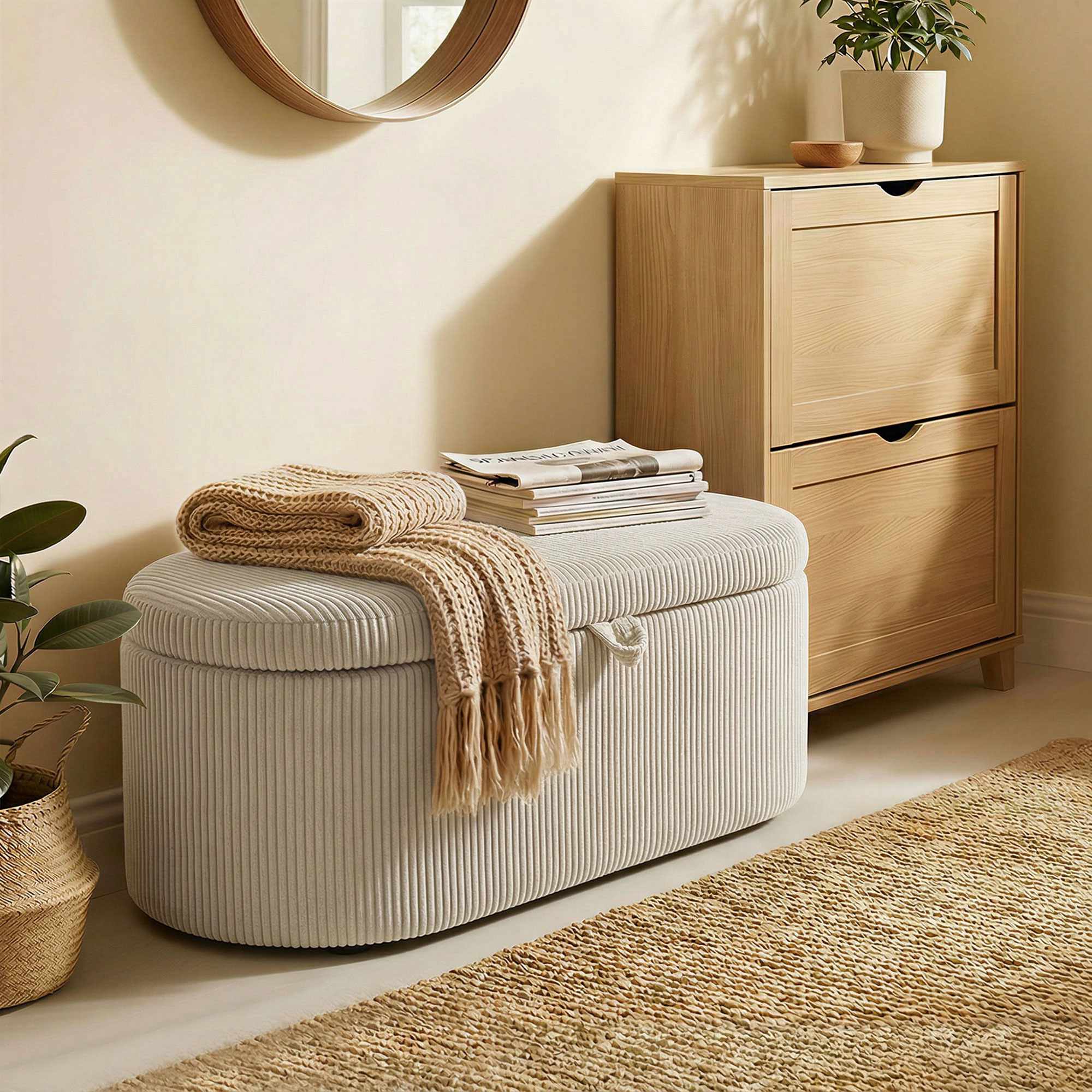 Förvaringsfotpall med snörklädsel, 105 x 51 x 49 cm, Beige