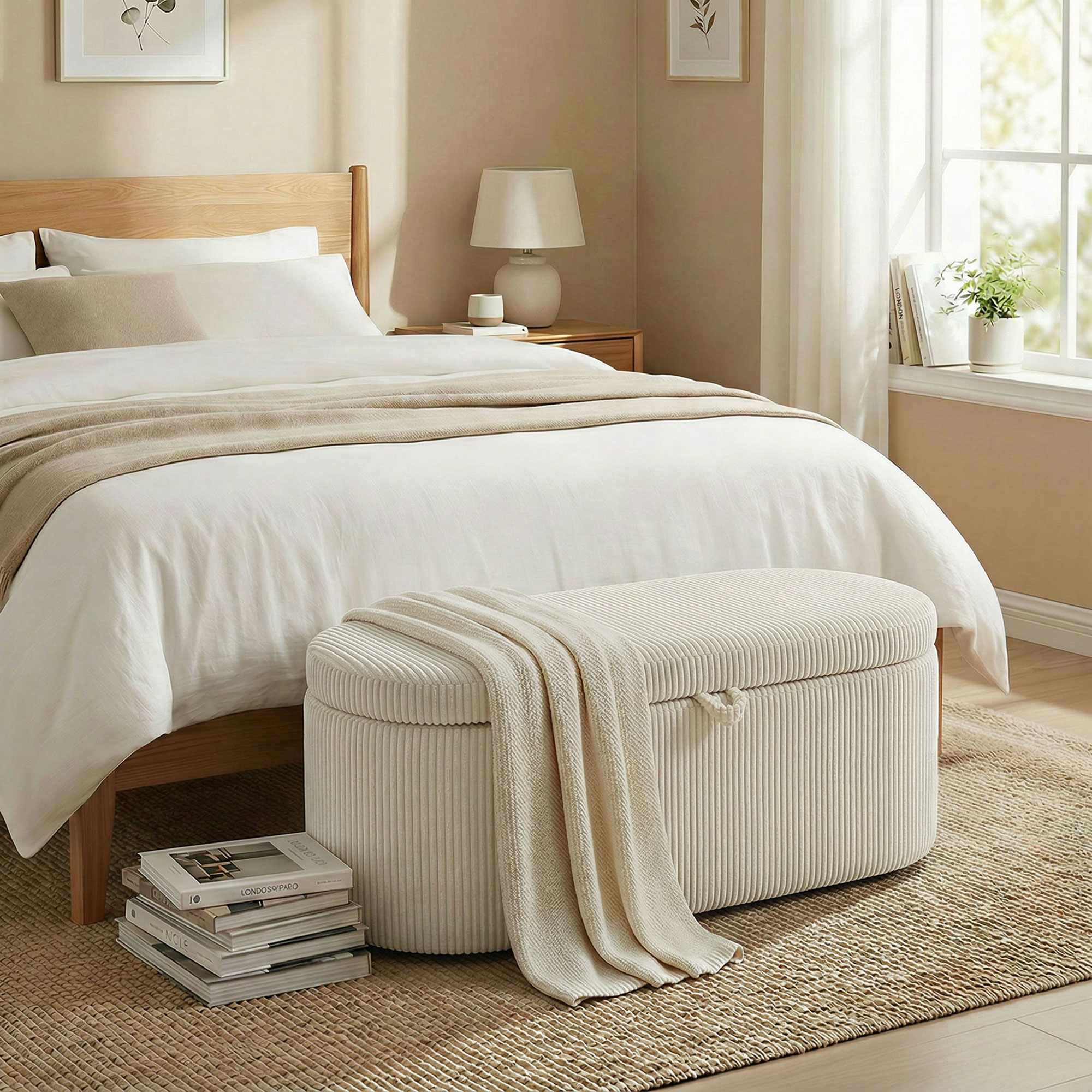 Förvaringsfotpall med snörklädsel, 105 x 51 x 49 cm, Beige