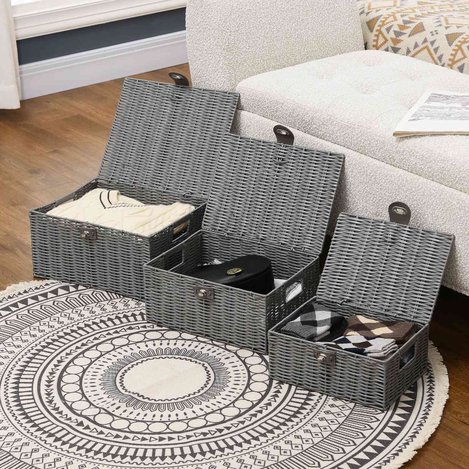 Förvaringslådor med lock, set om 3, grå – 18L, 12L, 7L