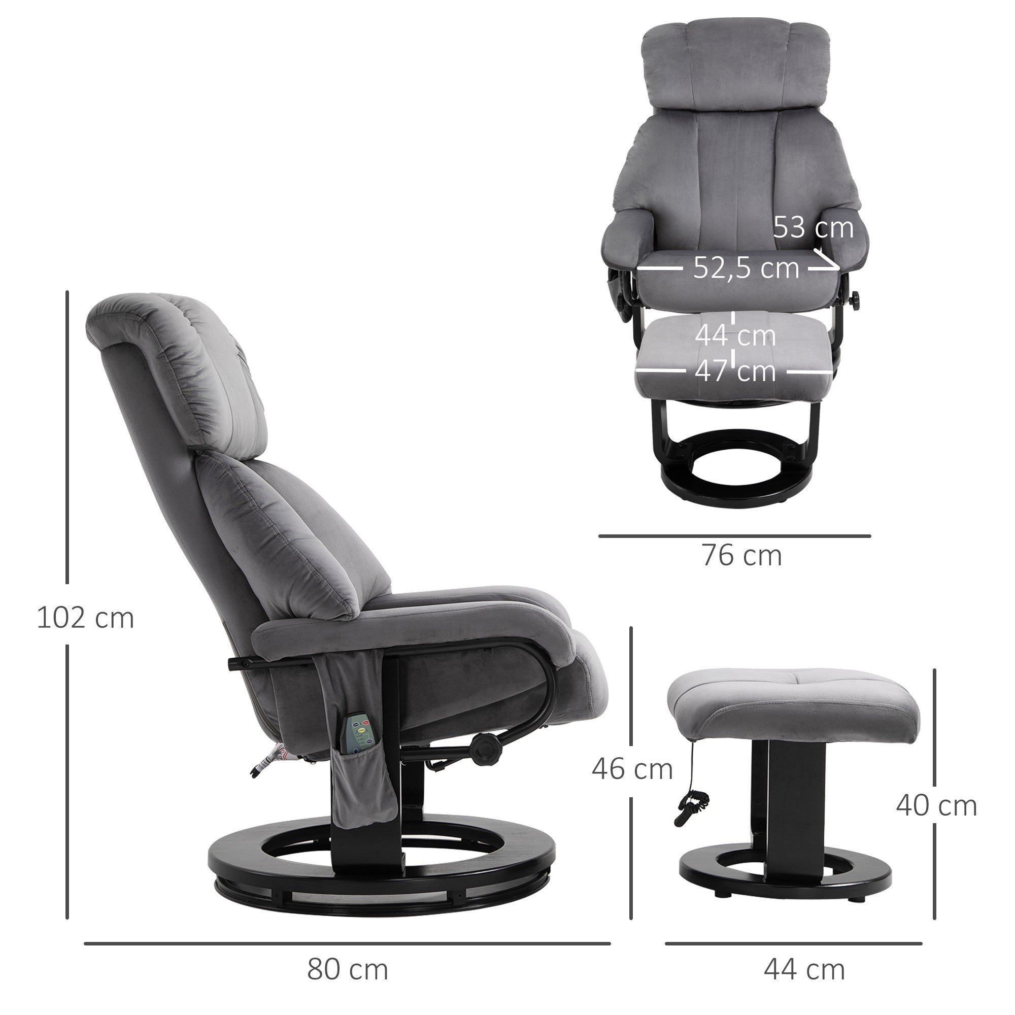 Fåtölj med fotpall, snurrande massagefåtölj, grå sammet