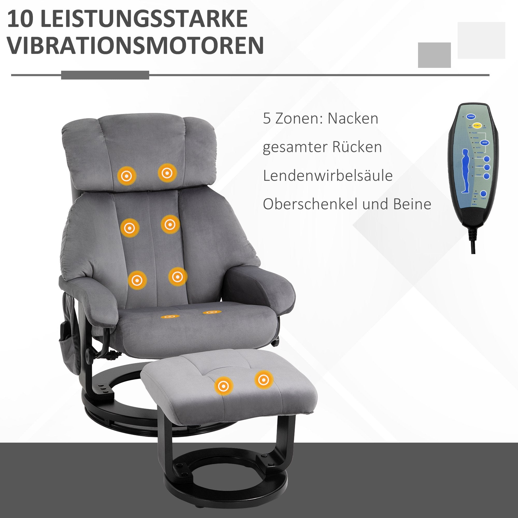 Fåtölj med fotpall, snurrande massagefåtölj, grå sammet