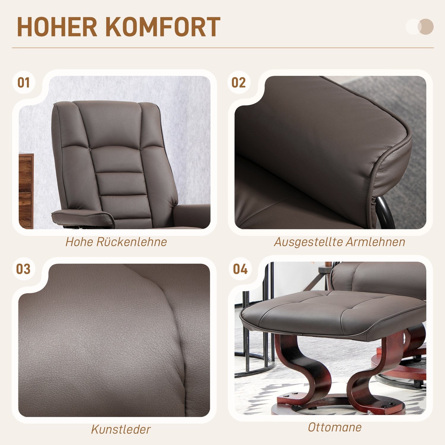 Fåtölj med fotpall, vridbar och tiltbar, fodral i konstläder, upp till 150 kg, träram, brun