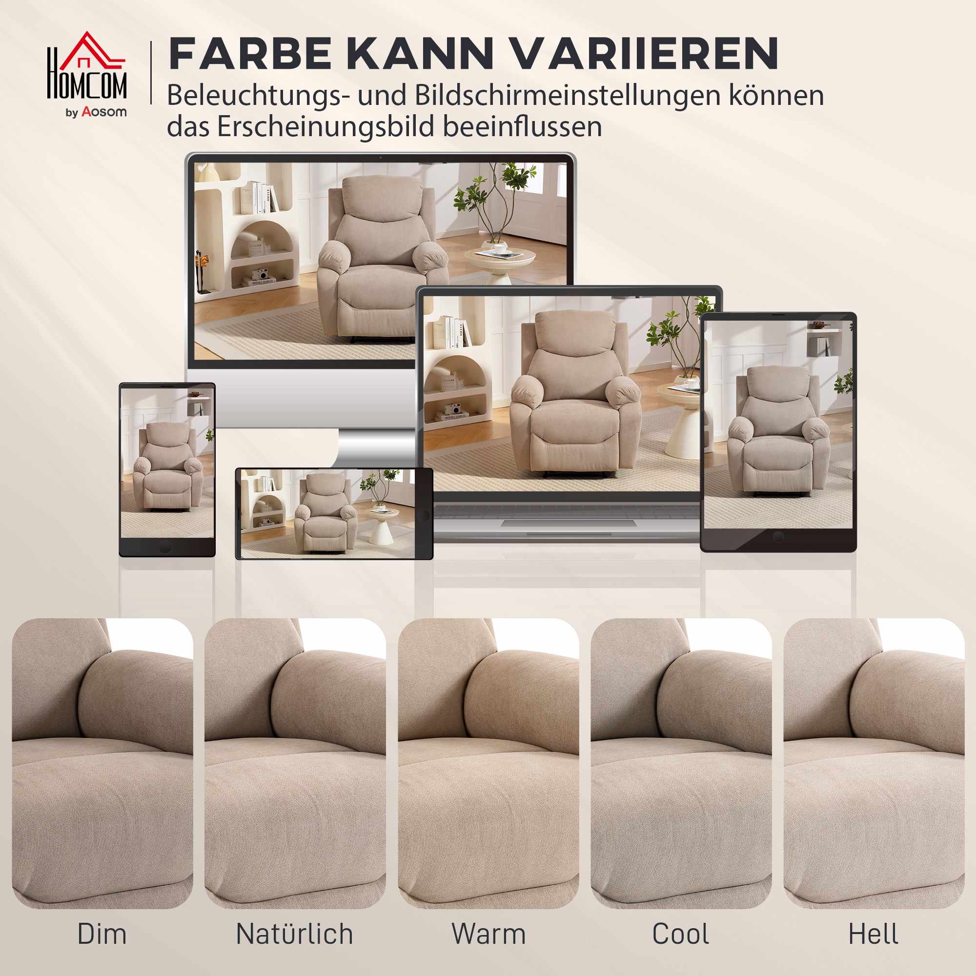 Fåtölj med manuell lutning, linneutseende, beige