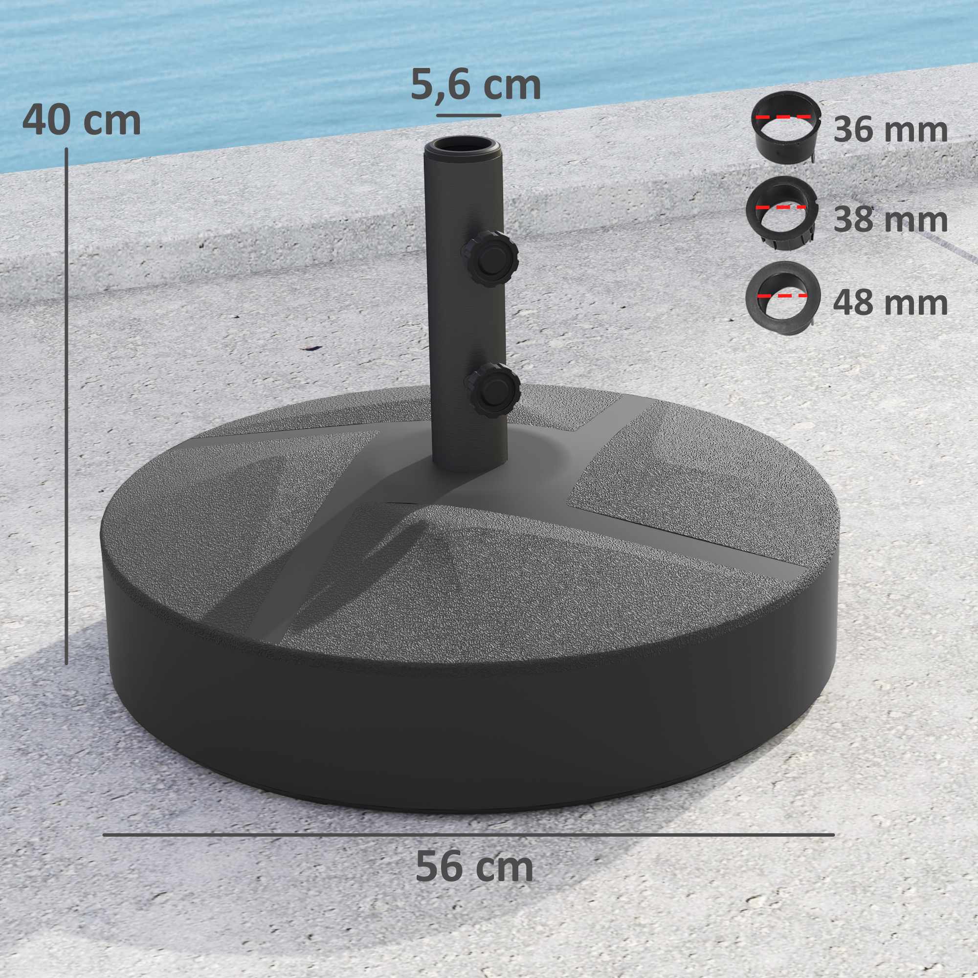 Fyllbar paraplyfot, 30 kg, svart, HDPE, 36/38/48 mm